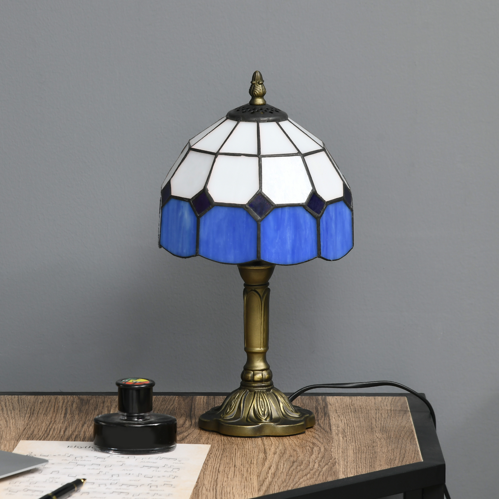 Handmade art deco glass table lamp-white/blue