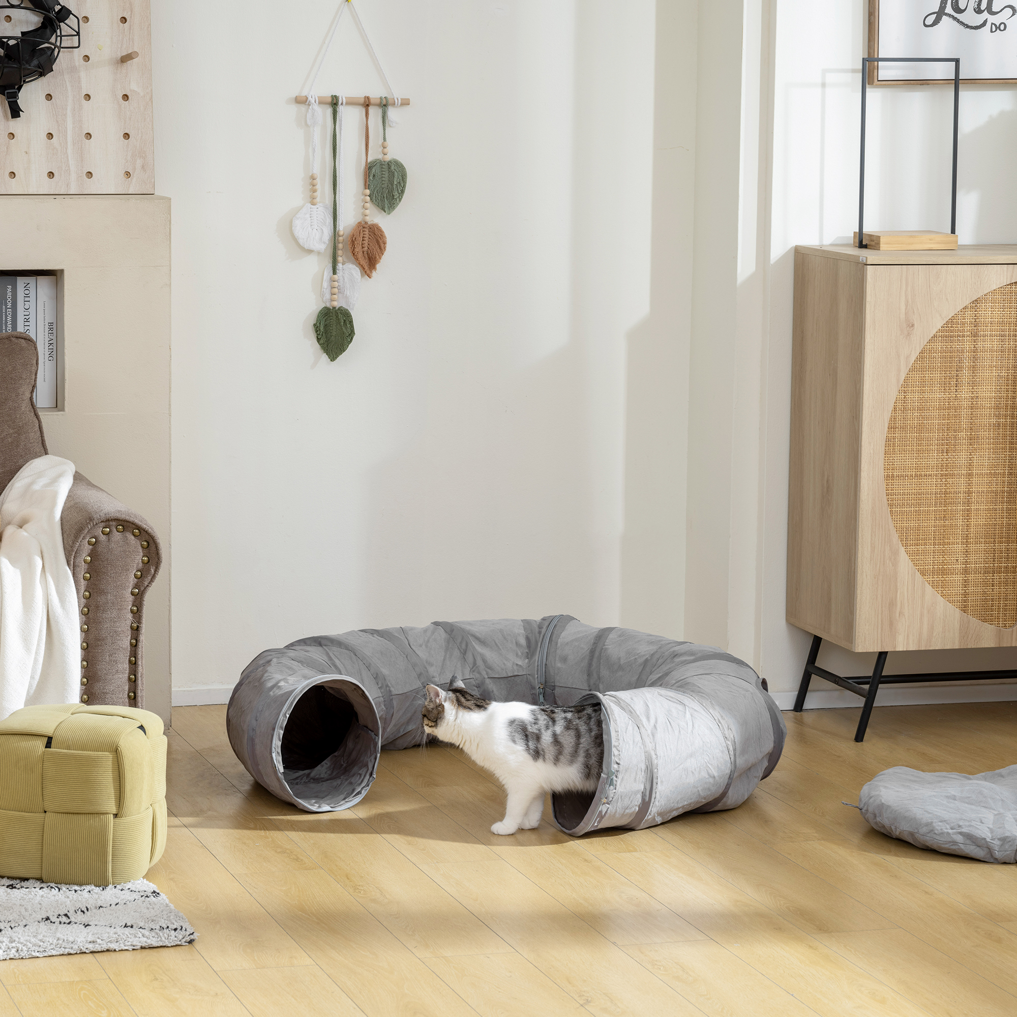 2 In 1 Cat Tunnel With Bed,Cat Play Ball & Peek Hole For Indoor Cats,Grey — image 3