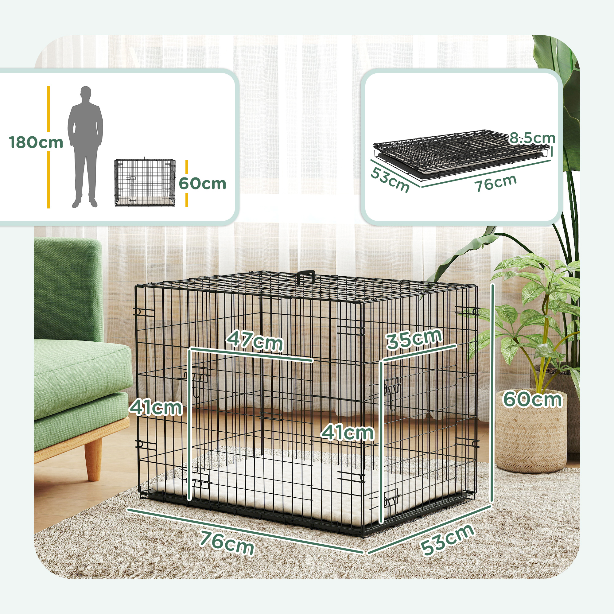 Foldable Dog Crate With 2 Doors With Tray,Soft Cushion,for Small Dogs,75 X 49 X 53 Cm,Black detail photo 8