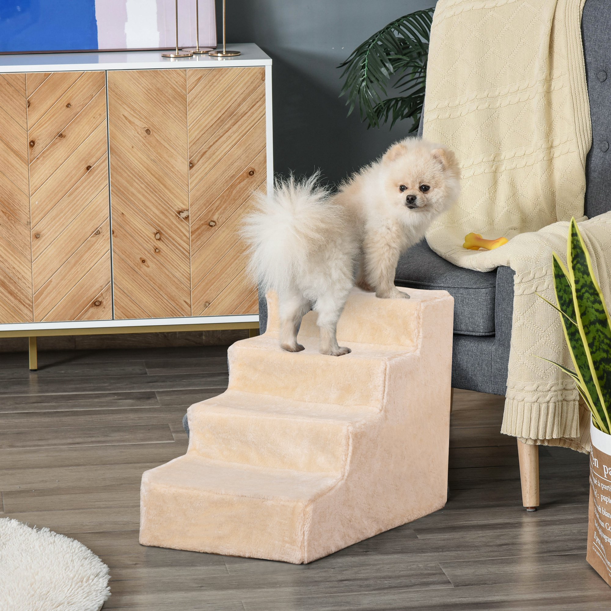 Four-Step Dog Stairs,with Washable Plush Cover,for High Bed Sofa,Dog Stairs For Small Dog And Cat-Beige detail photo 10