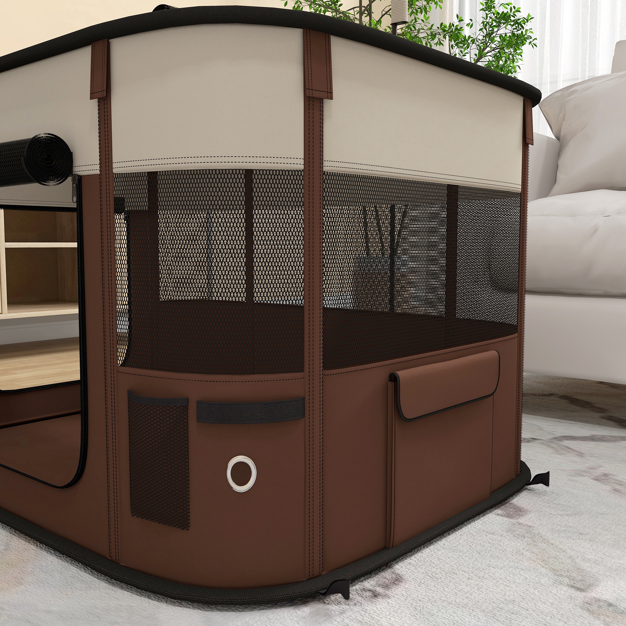 Foldable Dog Pen With Storage Bag For Indoor/Outdoor Use,Portable Pet Playpen,with Ground Stakes-Brown detail photo 1