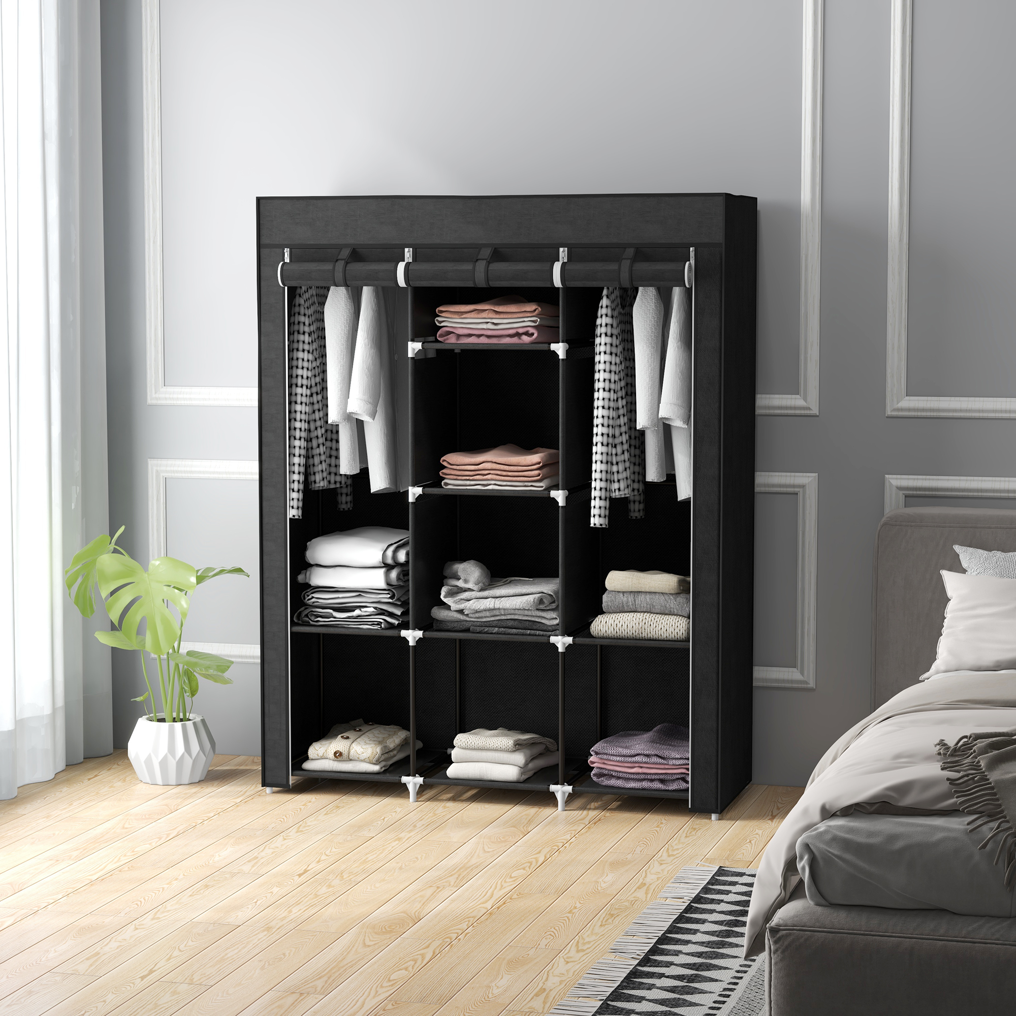 Fabric Wardrobe,with Rails And Shelves-Black — image 5