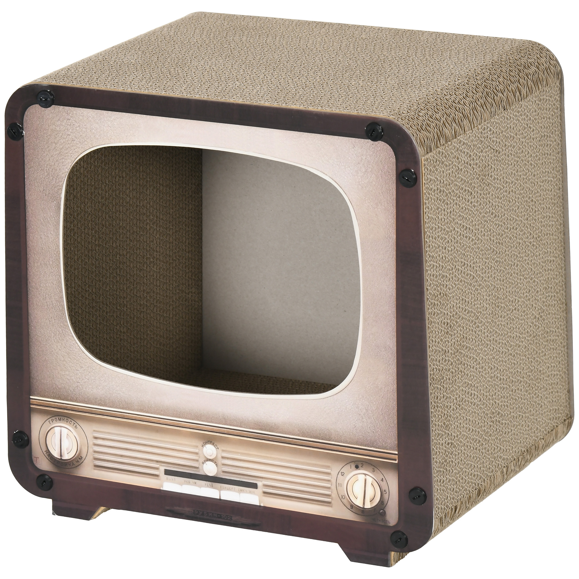 2 In 1 TV Shape Cat Scratching Board House With Catnip,for Indoor Cats,Brown