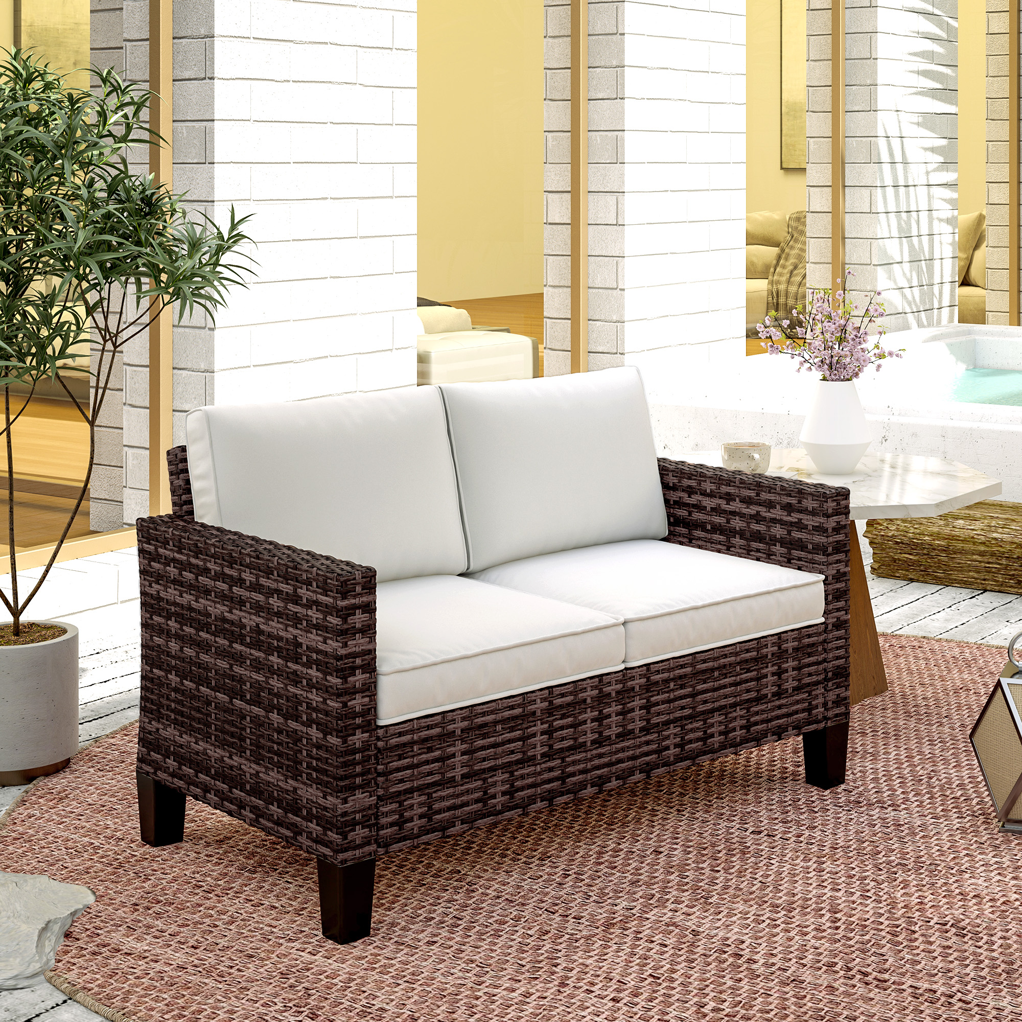 Double rattan outdoor sofa - brown