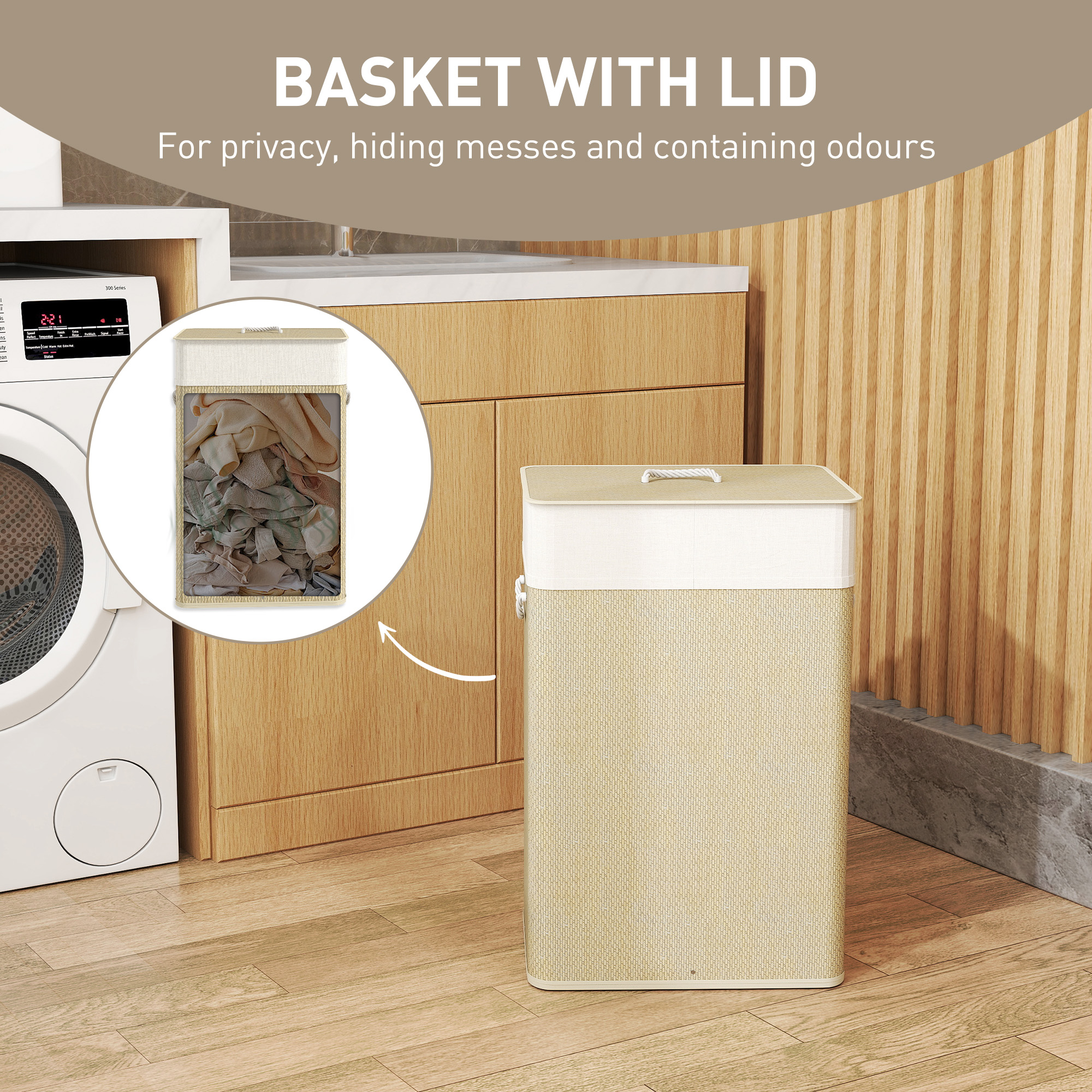Bamboo Laundry Basket With Lid,72L Hamper Rope Handles,Washing Removable — image 4