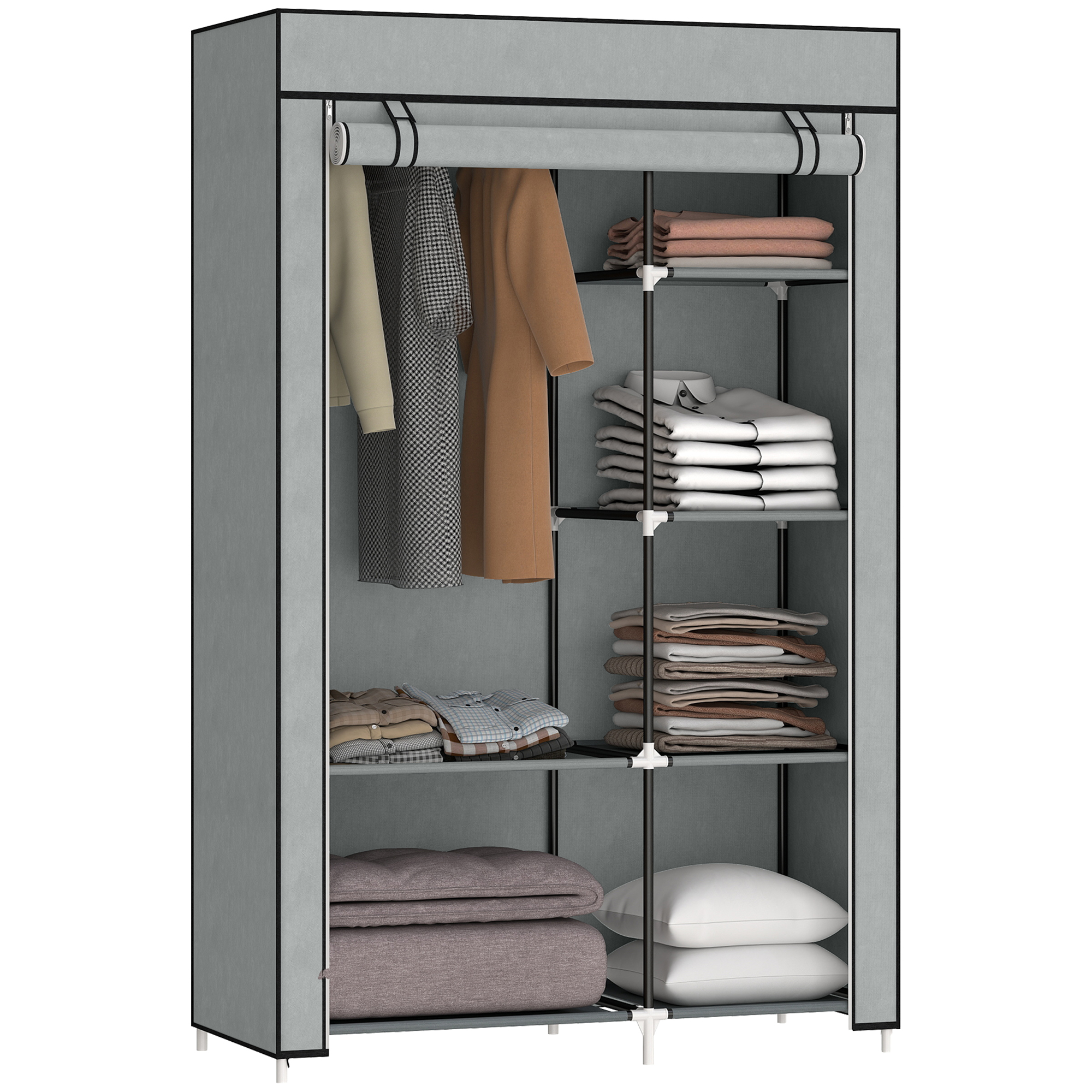 Fabric Wardrobe W/ Shelves Hanging Rail Foldable Light Grey