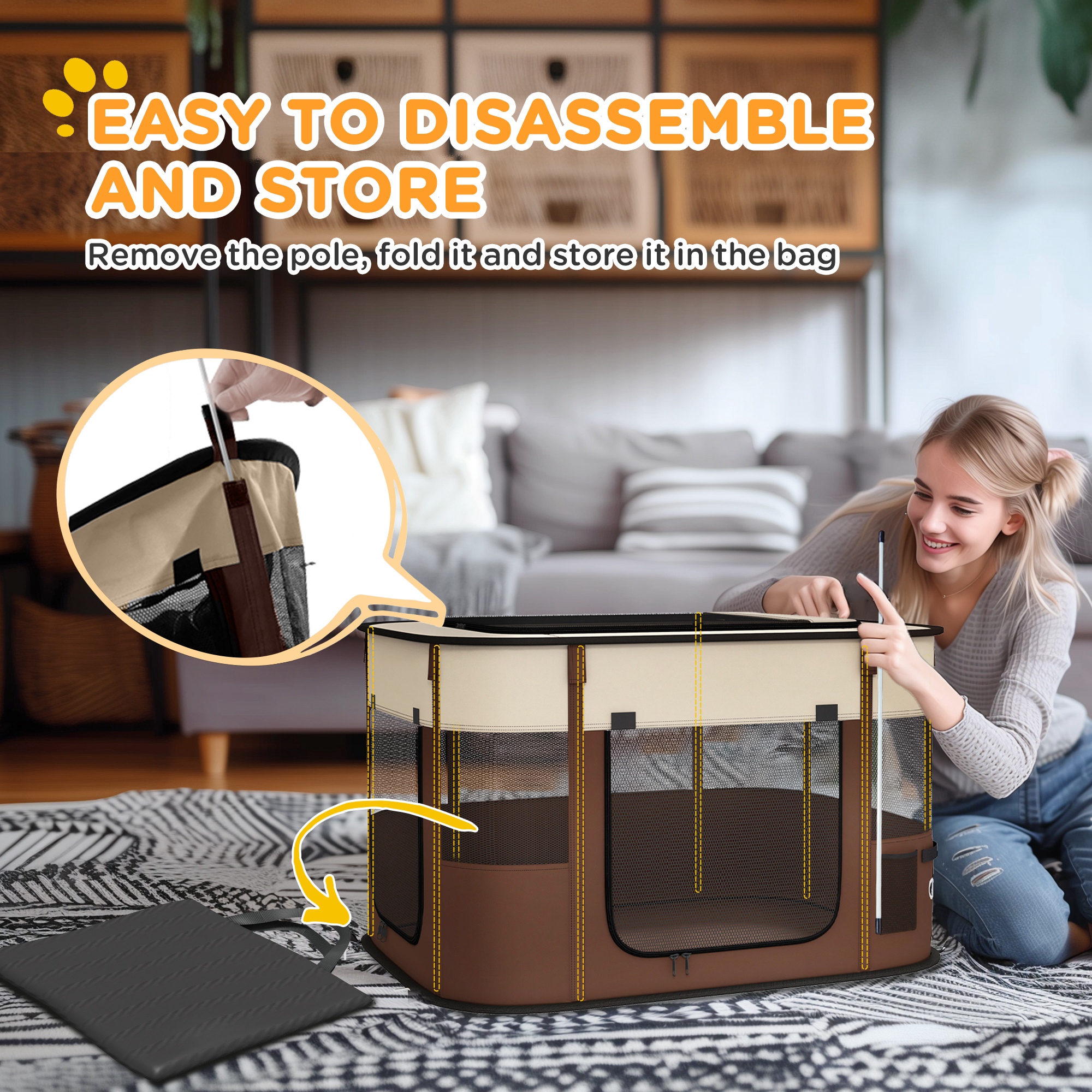 Foldable Dog Pen With Storage Bag For Indoor/Outdoor Use,Portable Pet Playpen,with Ground Stakes-Brown detail photo 8