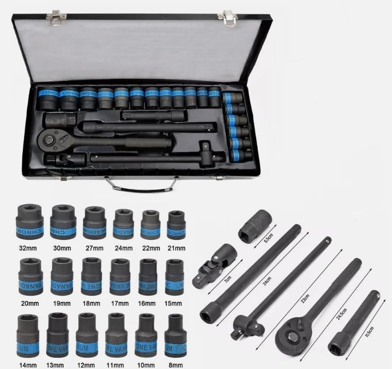 Heavy Duty 1/2" Ratchet Wrench 8-32mm Metric Socket Set Metal Case UK
