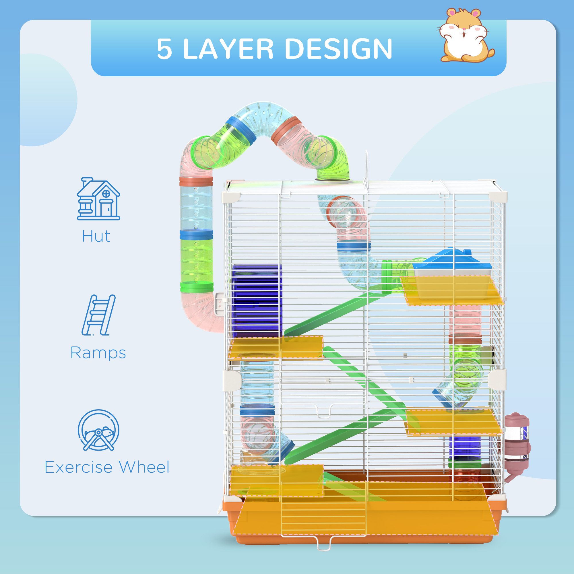 5 Tier Hamster Cage Carrier Habitat W/ Exercise Wheels,Tunnel,Orange — image 2