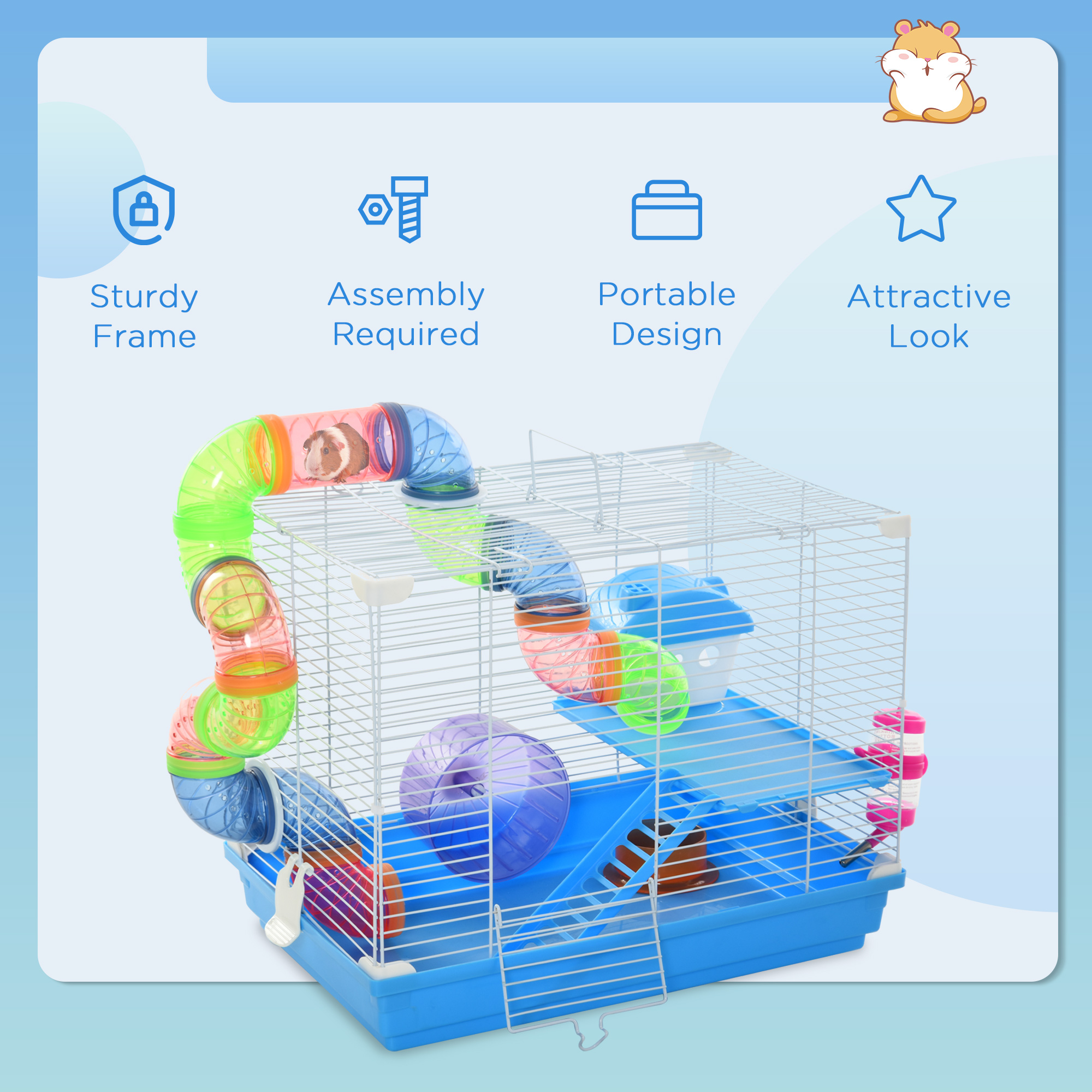 2 Tier Hamster Cage,Gerbil Cage With Handle,Exercise Wheels,Tunnel,Tube,Water — image 4