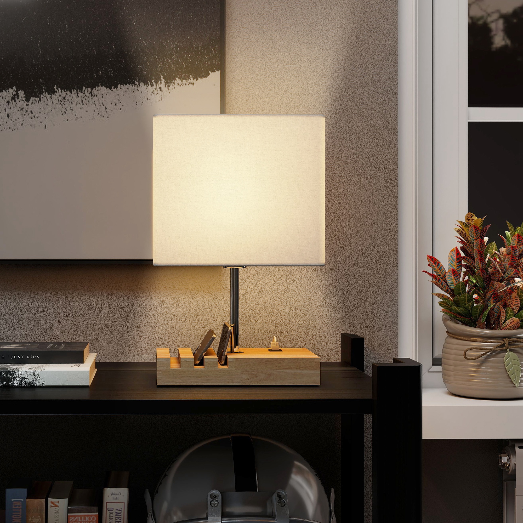 Bedside Lamp With USB A+C Charging Ports And 3 Phone Stands,Modern Table Solid — image 5