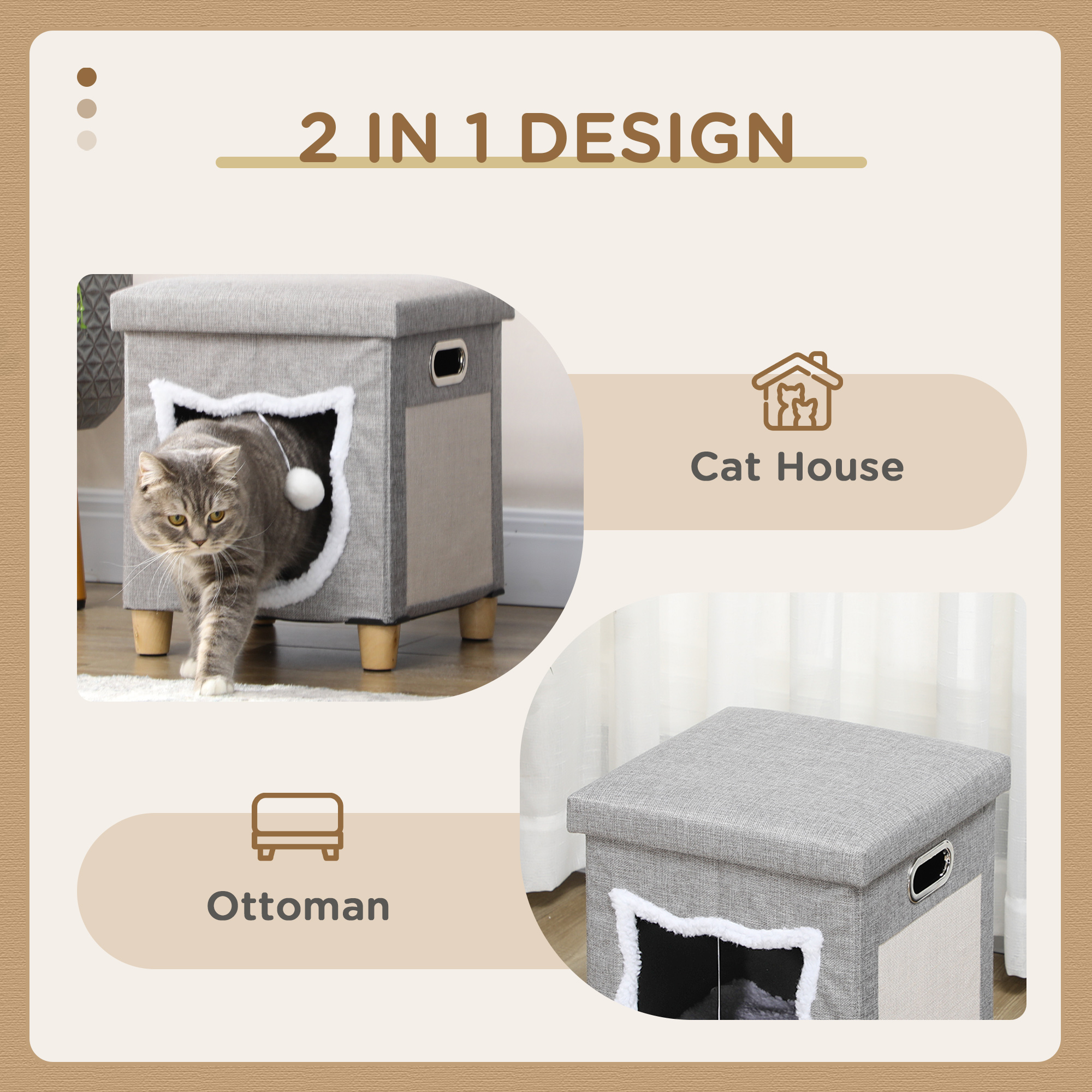 Cat House Cave,Cat Bed Cube With Scratching Pad,Soft Detachable & Washable Cushion,Toy Ball,for Indoor Kittens,Grey detail photo 7