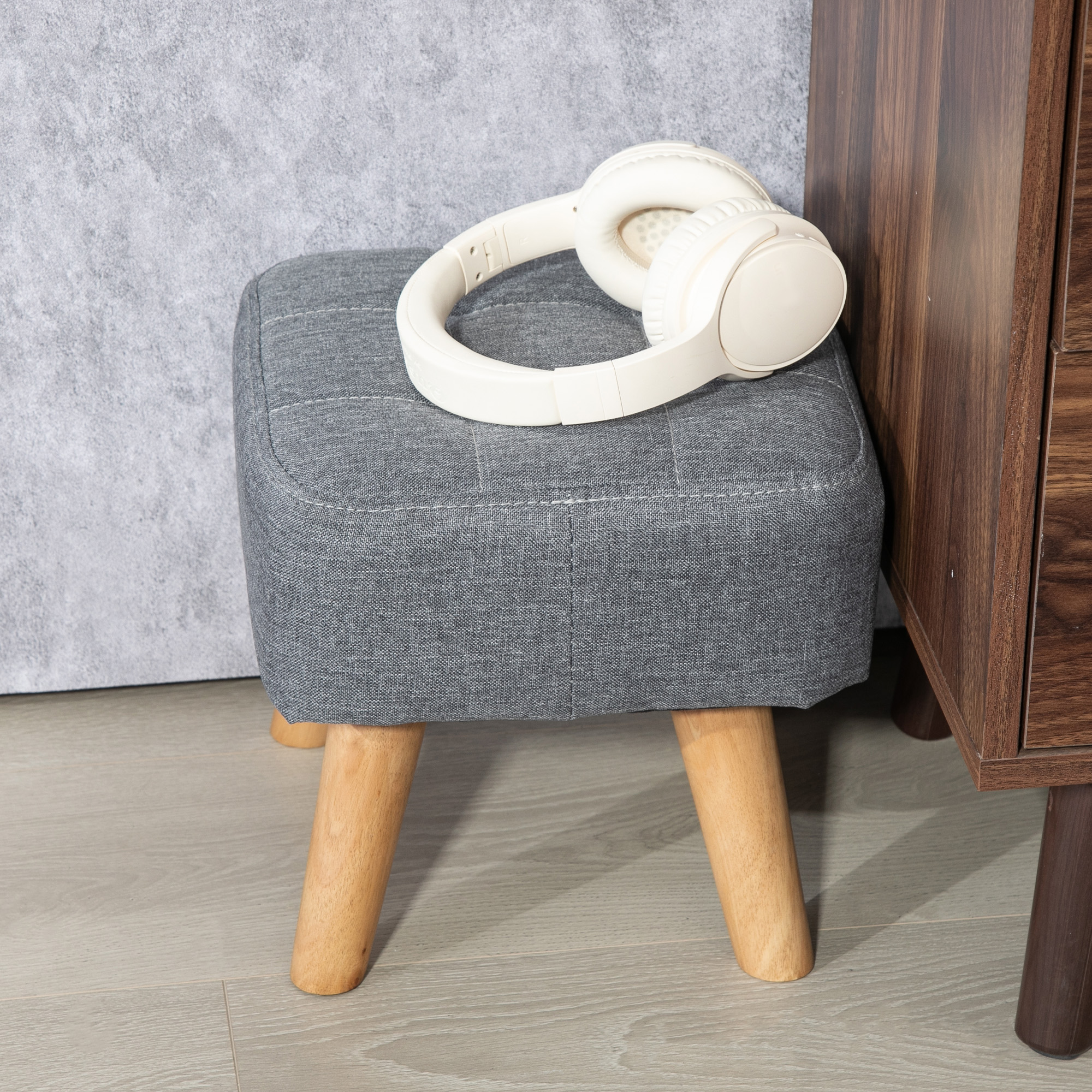 Linen-look square padded footstool-grey