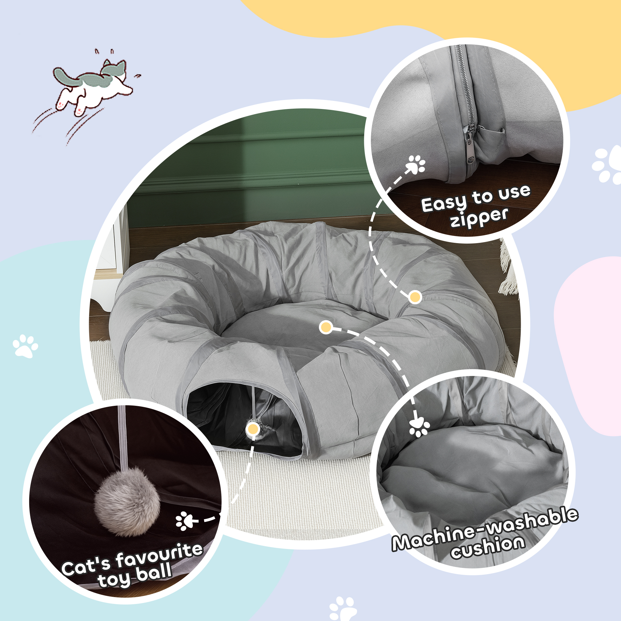 2 In 1 Cat Tunnel With Bed,Cat Play Ball & Peek Hole For Indoor Cats,Grey — image 5