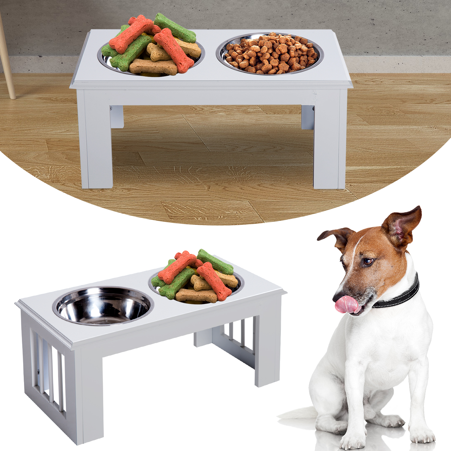 Raised Dog Feeding Bowls With Stand,Stainless Steel For Medium Dog,58L X 31W X 25H Cm-White detail photo 10