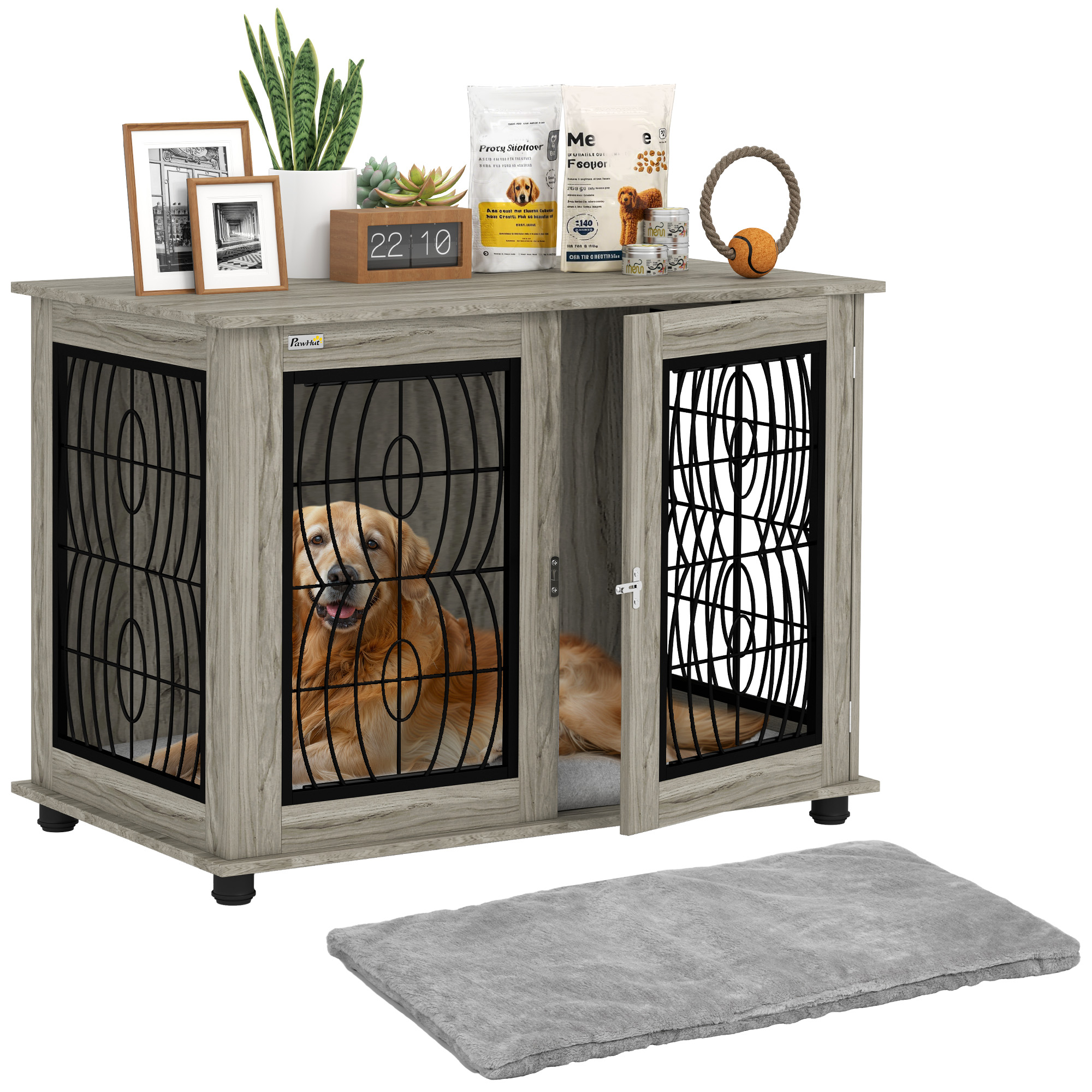 Indoor Dog Crate Furniture End Table With Soft Washable Cushion,Lockable Front Door,for Large Dogs-Grey detail photo 12