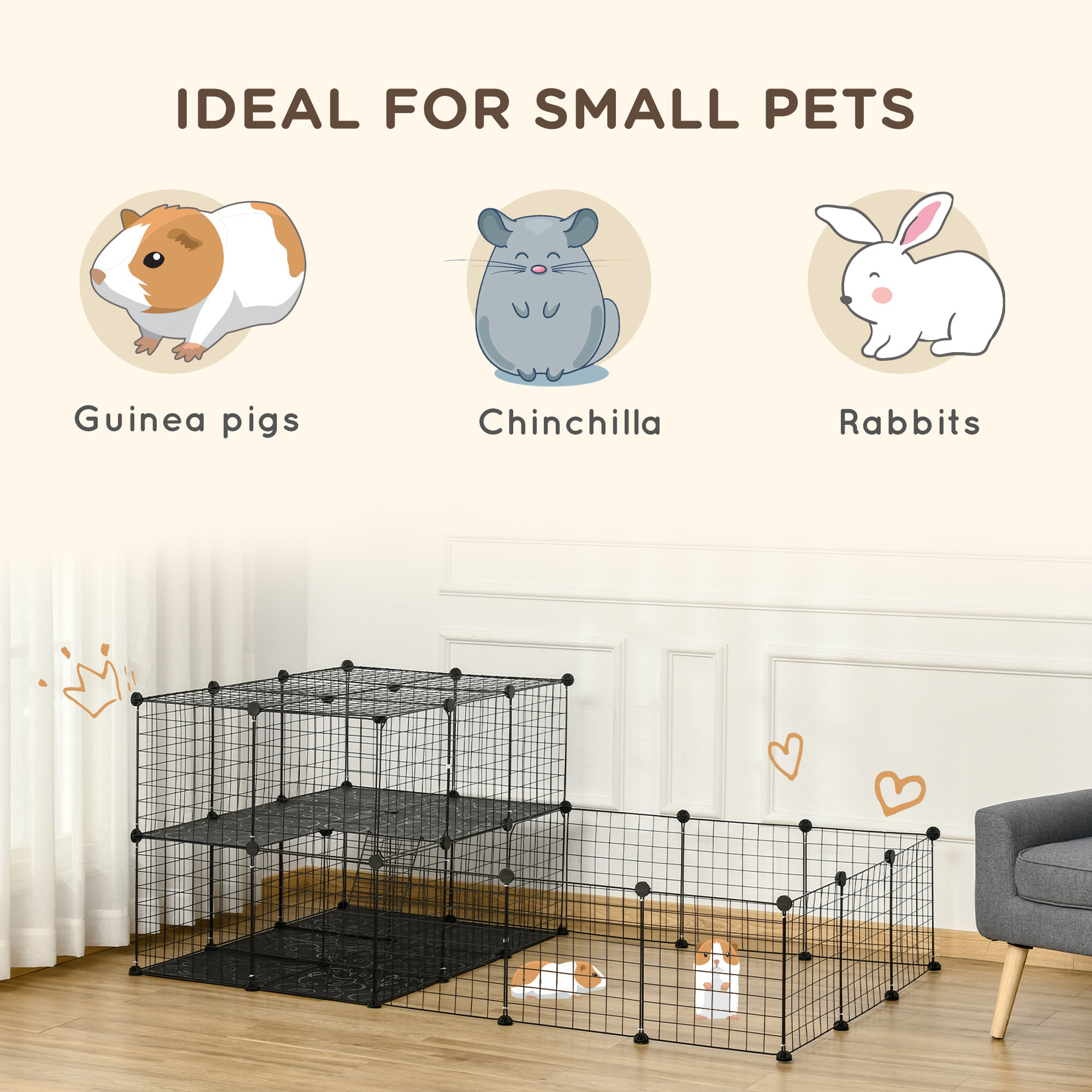 Pet Playpen With Door,Guinea Pigs Metal Mesh Cage For Small Animal,Chinchilla,175 X 105 X 70 CM,Black detail photo 7