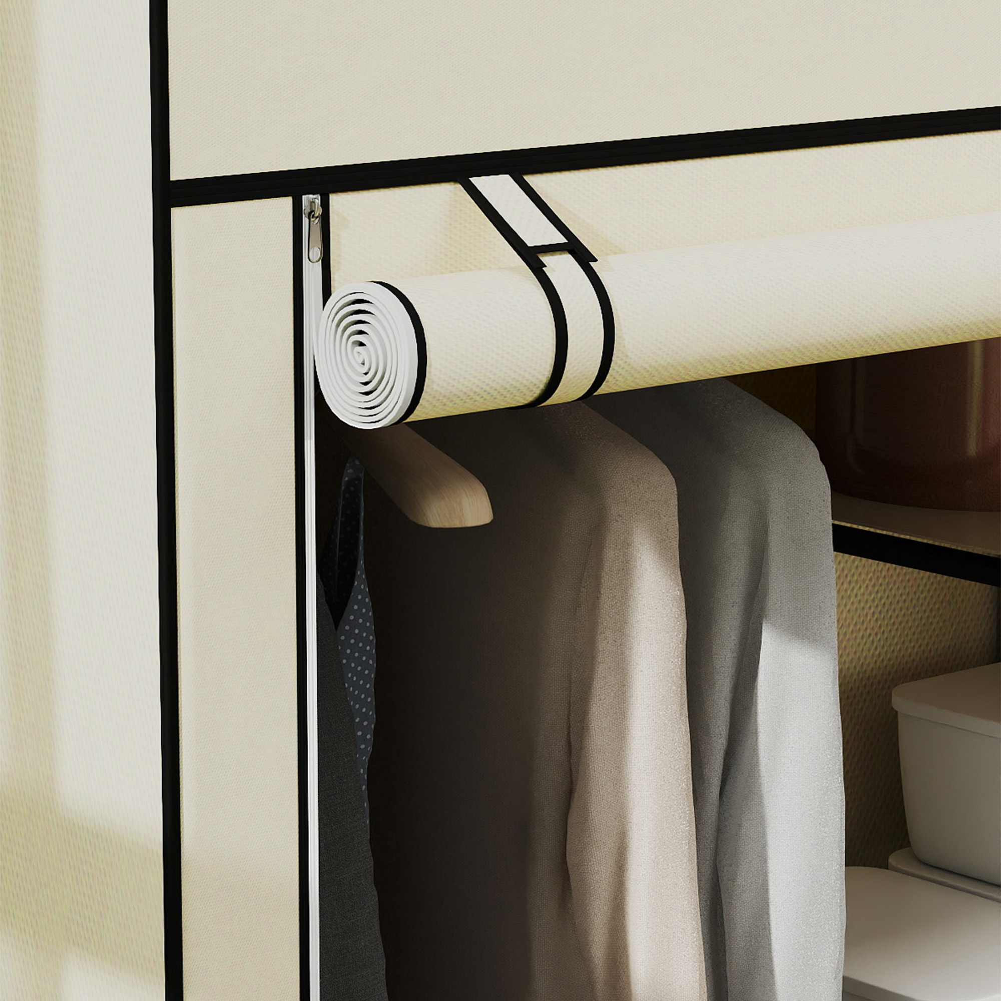 Fabric Wardrobe W/ Shelves Hanging Rail Foldable Cream — image 3