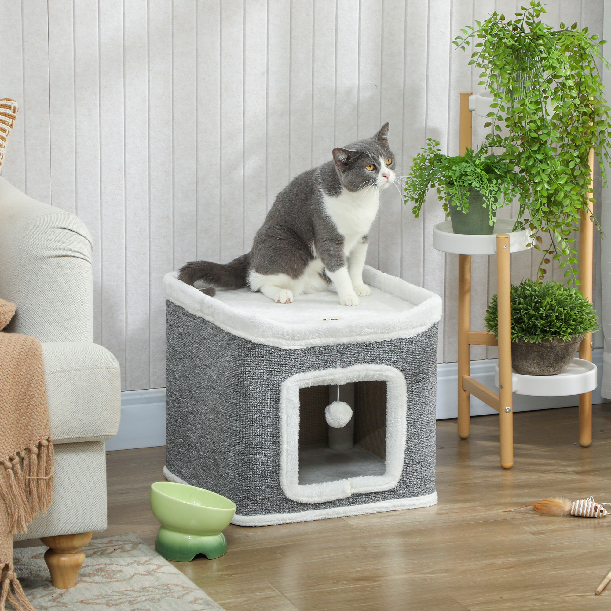 Cat House For Indoor Kittens,2-Level Cat Cave Bed With Fluffy Balls,Top Bed,Kitten Barrel For Multi Kitties,Grey detail photo 10