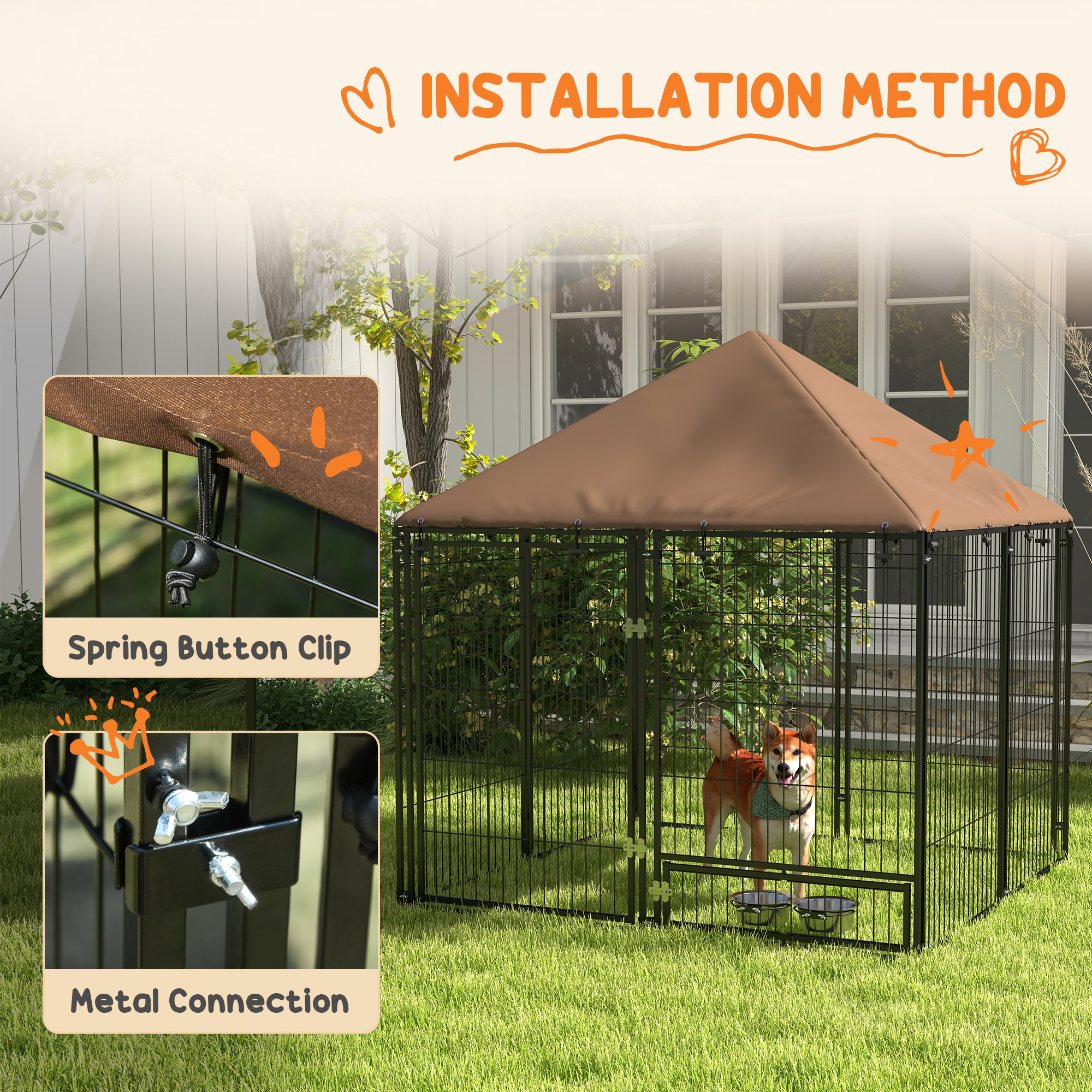 Outdoor Dog Kennel Puppy Play Pen With Canopy Garden Playpen Fence Crate Enclosure Cage Rotating Bowl 141 X 141 X 151 Cm detail photo 1