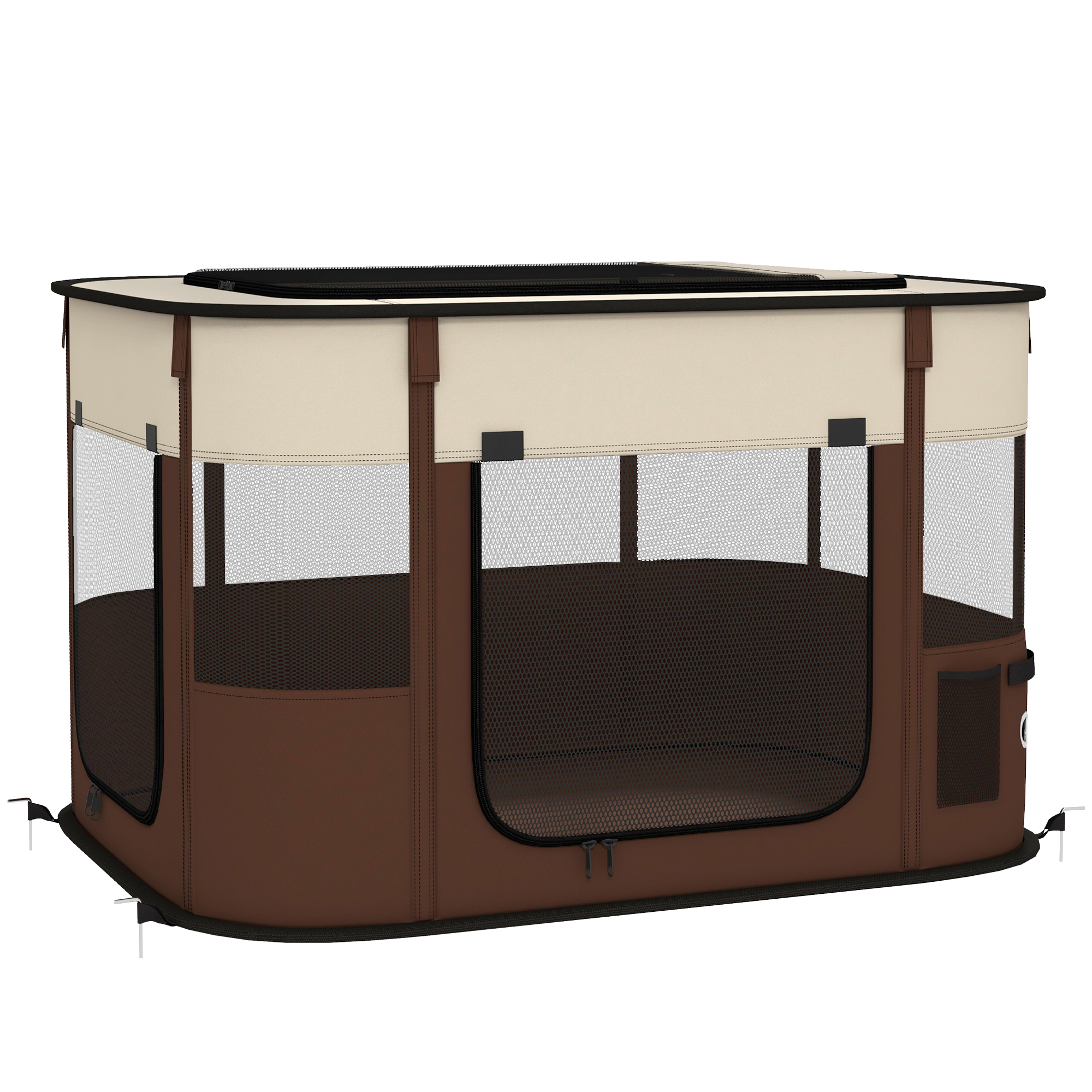 Foldable Dog Pen With Storage Bag For Indoor/Outdoor Use,Portable Pet Playpen,with Ground Stakes-Brown