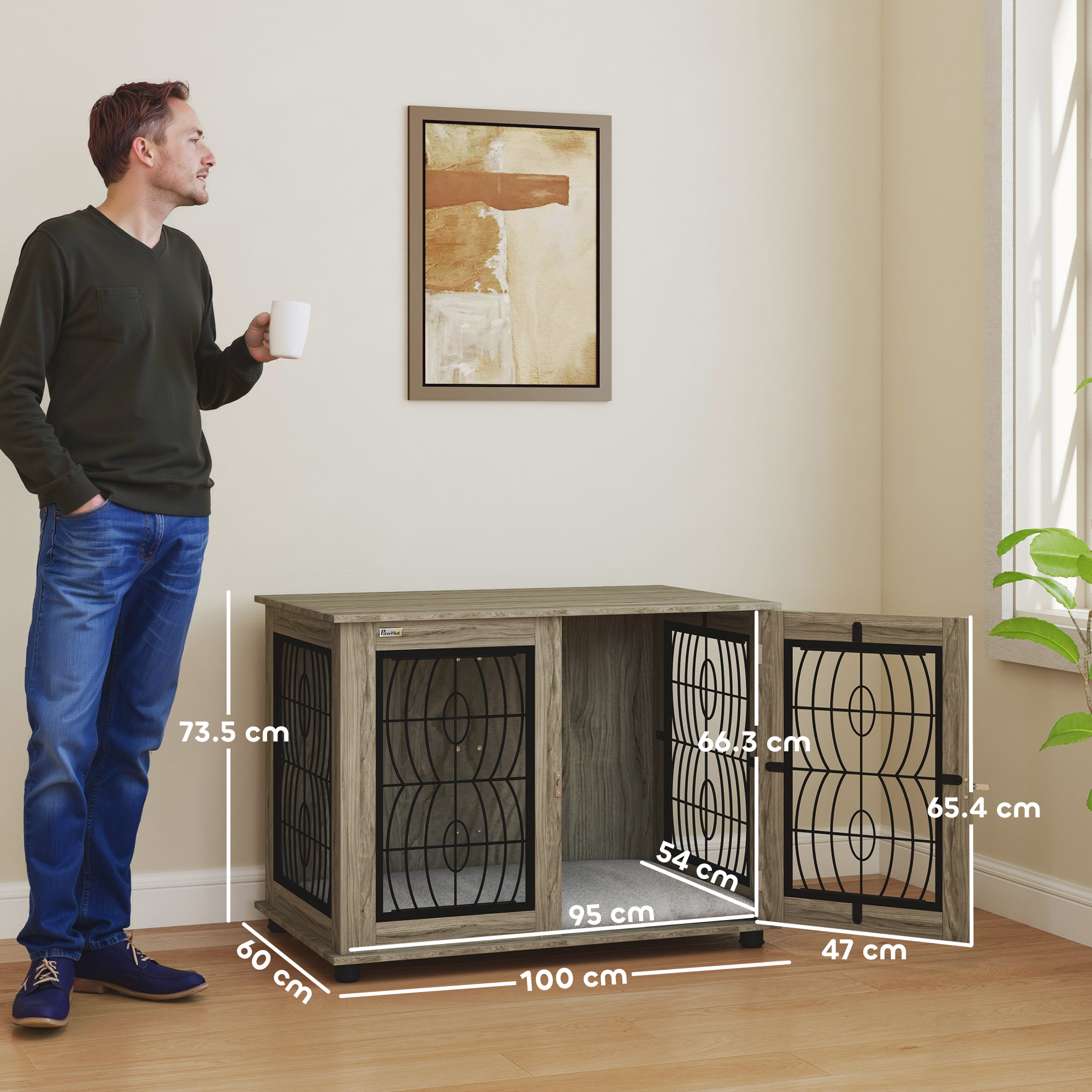 Indoor Dog Crate Furniture End Table With Soft Washable Cushion,Lockable Front Door,for Large Dogs-Grey detail photo 8