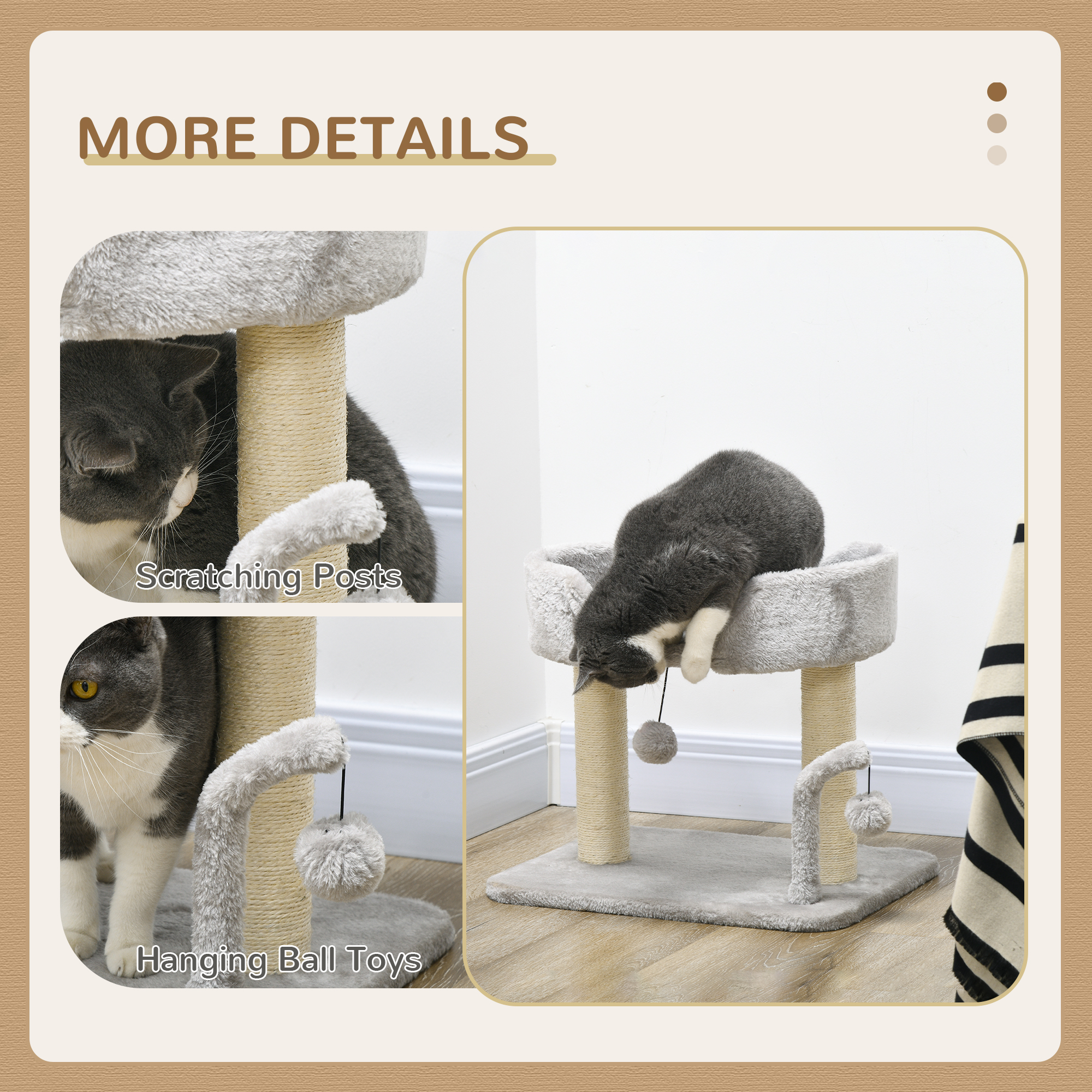 42cm Indoor Cat Tree,with Toy Balls,Sisal Scratching Post-Light Grey — image 4