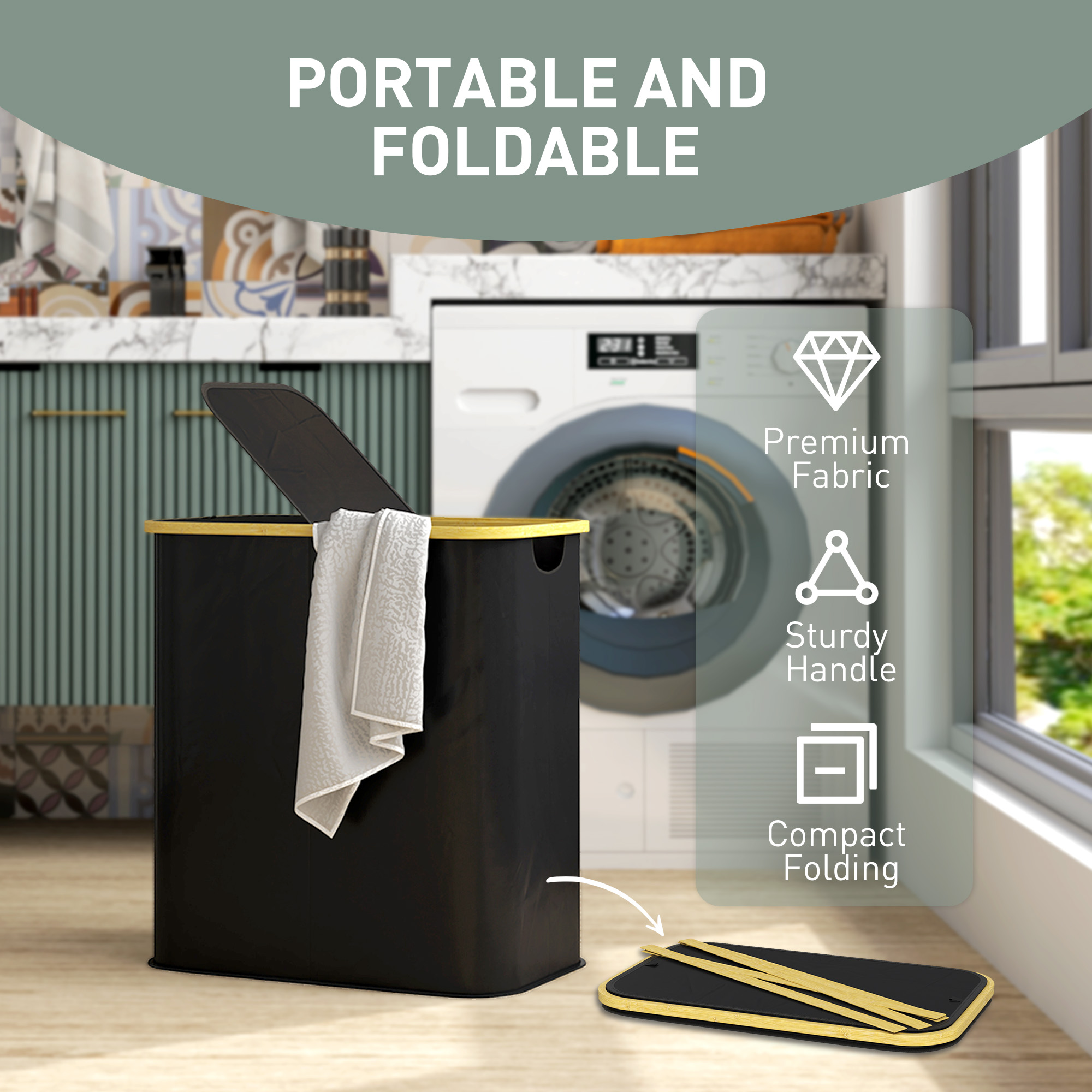 Double Laundry Basket With Lid,80L Collapsible Hamper Groove Handles,Washing — image 3