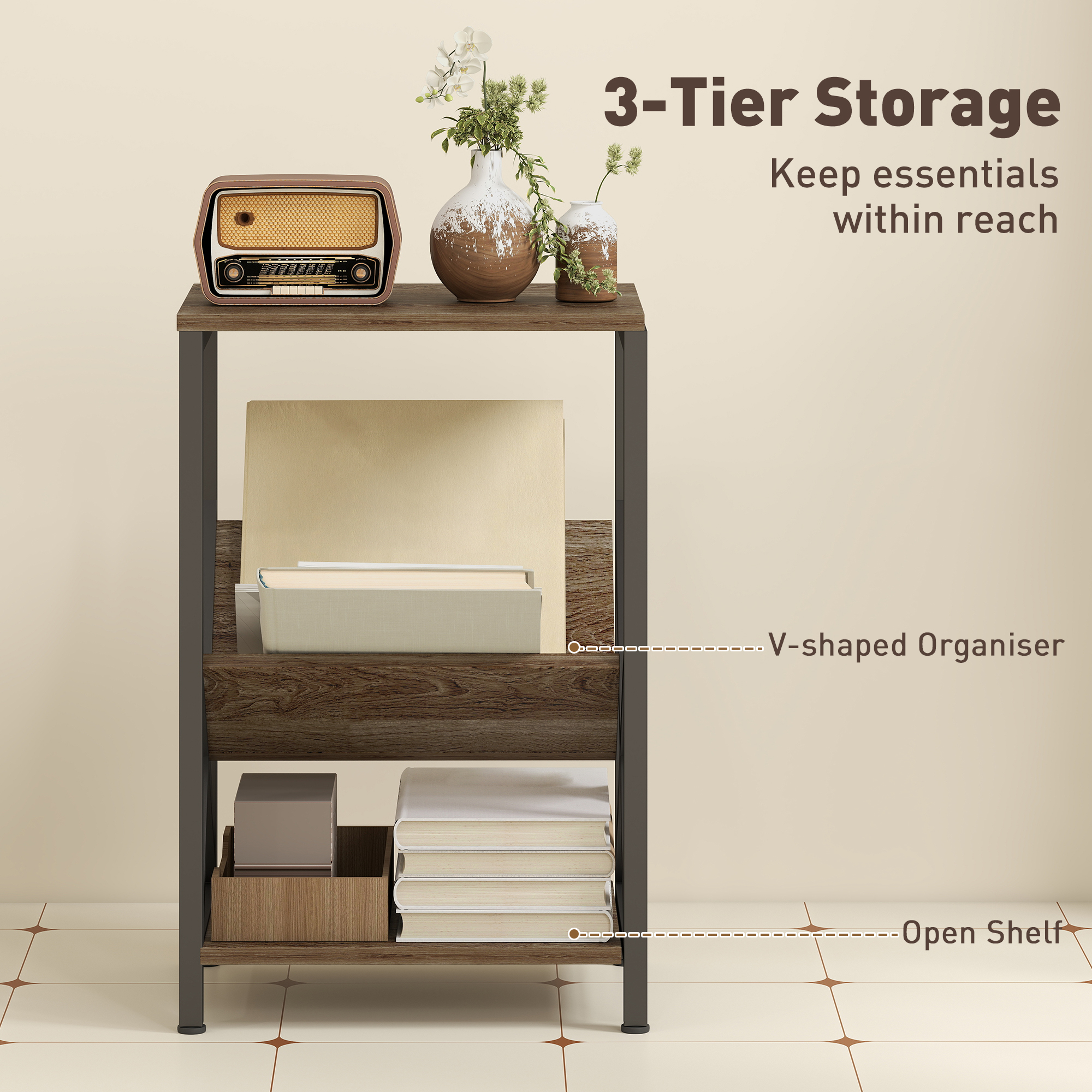 Narrow Side Table,End Table With 3-Tier Storage,V-Shaped Magazine Holder — image 2