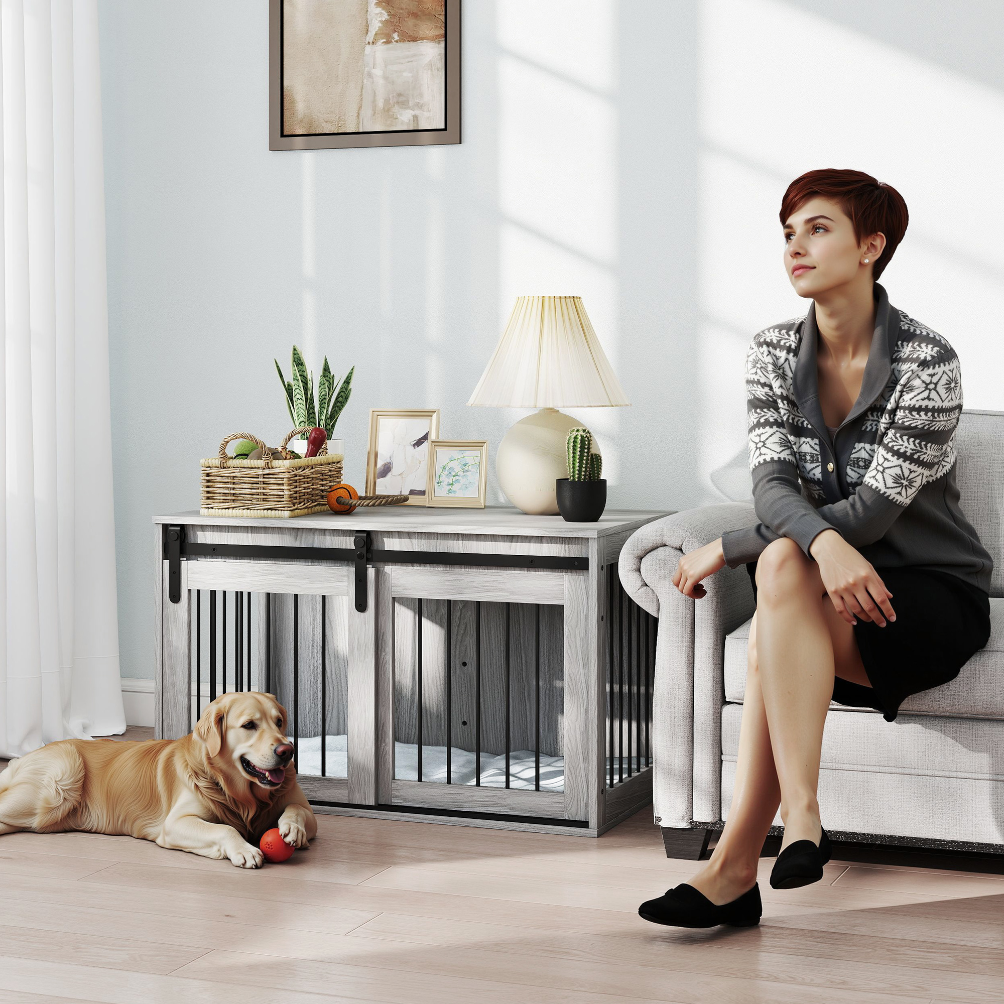 98cm Dog Crate Furniture With Removable Cushion For Large Dogs - Grey detail photo 10