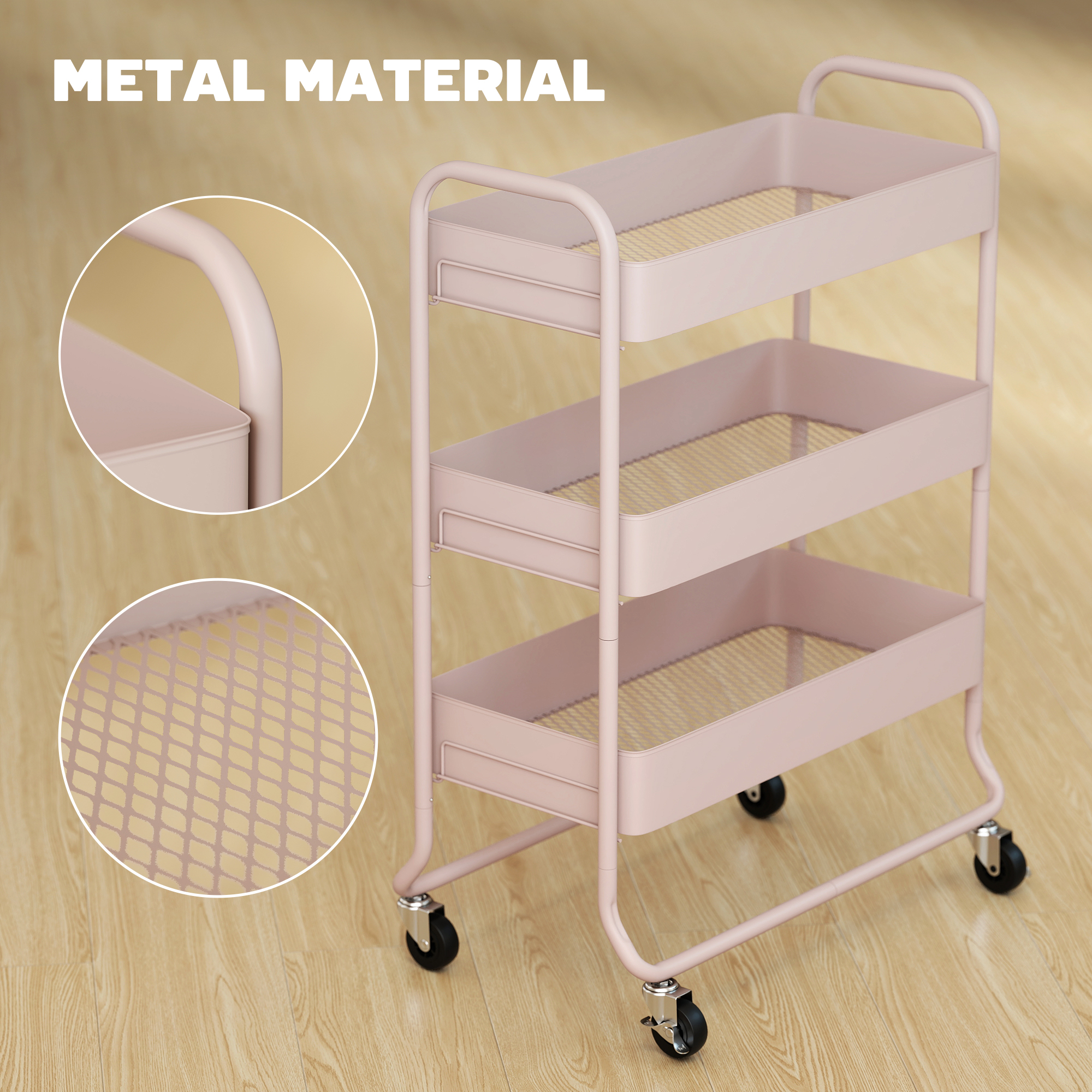 3-Tier Storage Trolley On Wheels,Rolling Utility Cart With Mesh Backets — image 5