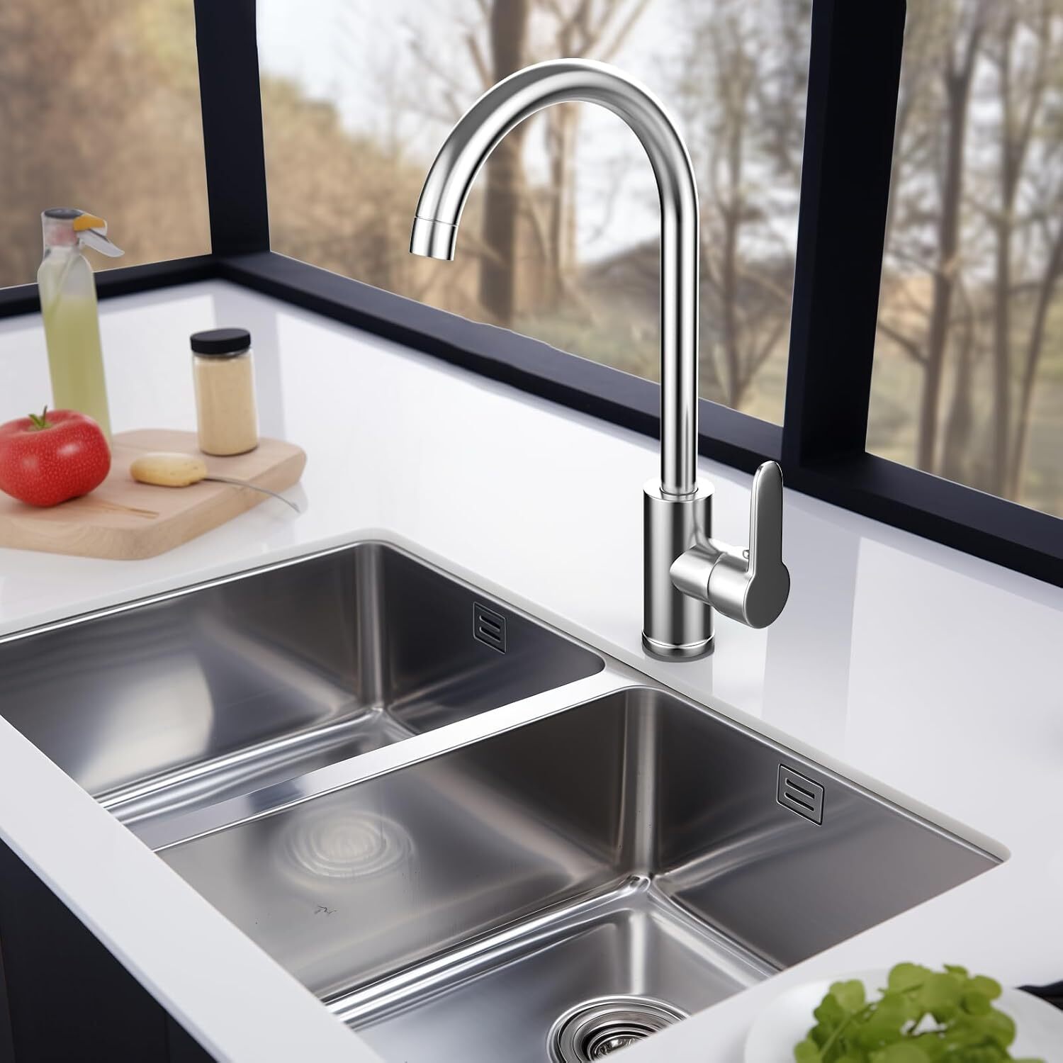 Kitchen Sink Mixer Taps Swivel Spout Single Lever Tap Mono Chrome Faucet Modern — image 2