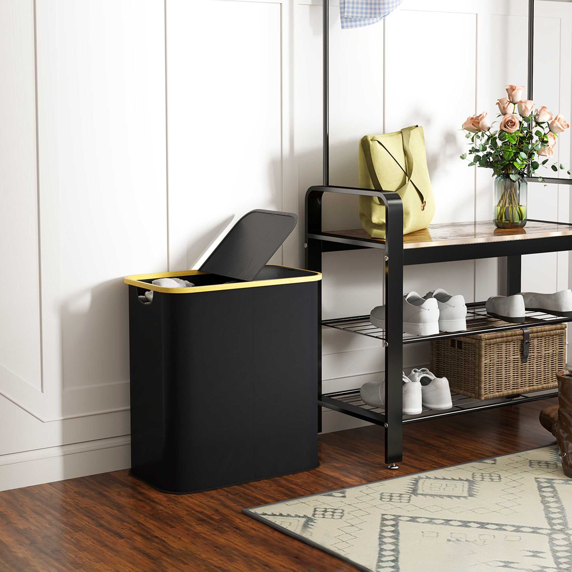 Double Laundry Basket With Lid,80L Collapsible Hamper Groove Handles,Washing — image 5