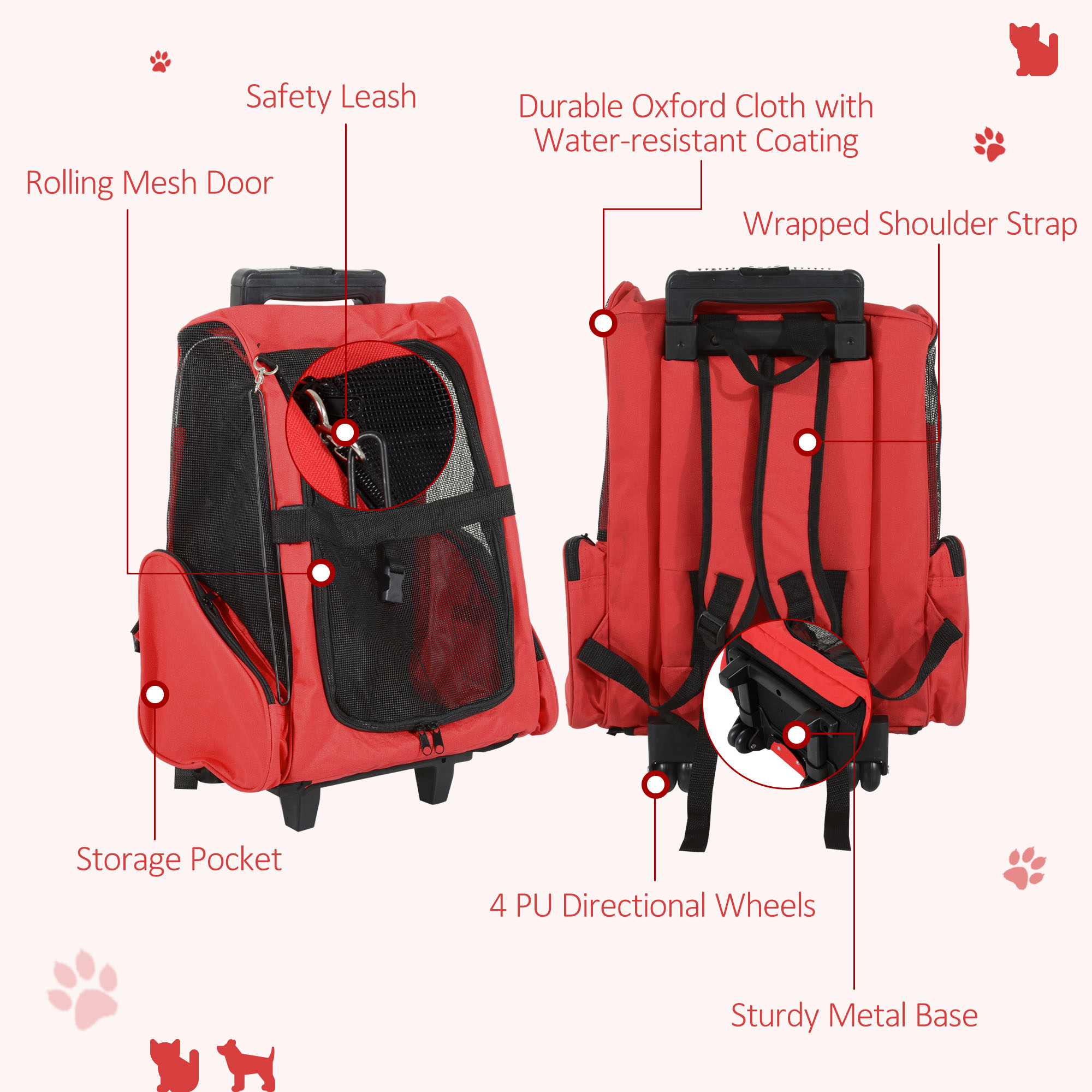 Pet Travel Backpack Bag Cat Puppy Dog Carrier W/ Trolley And Telescopic Handle