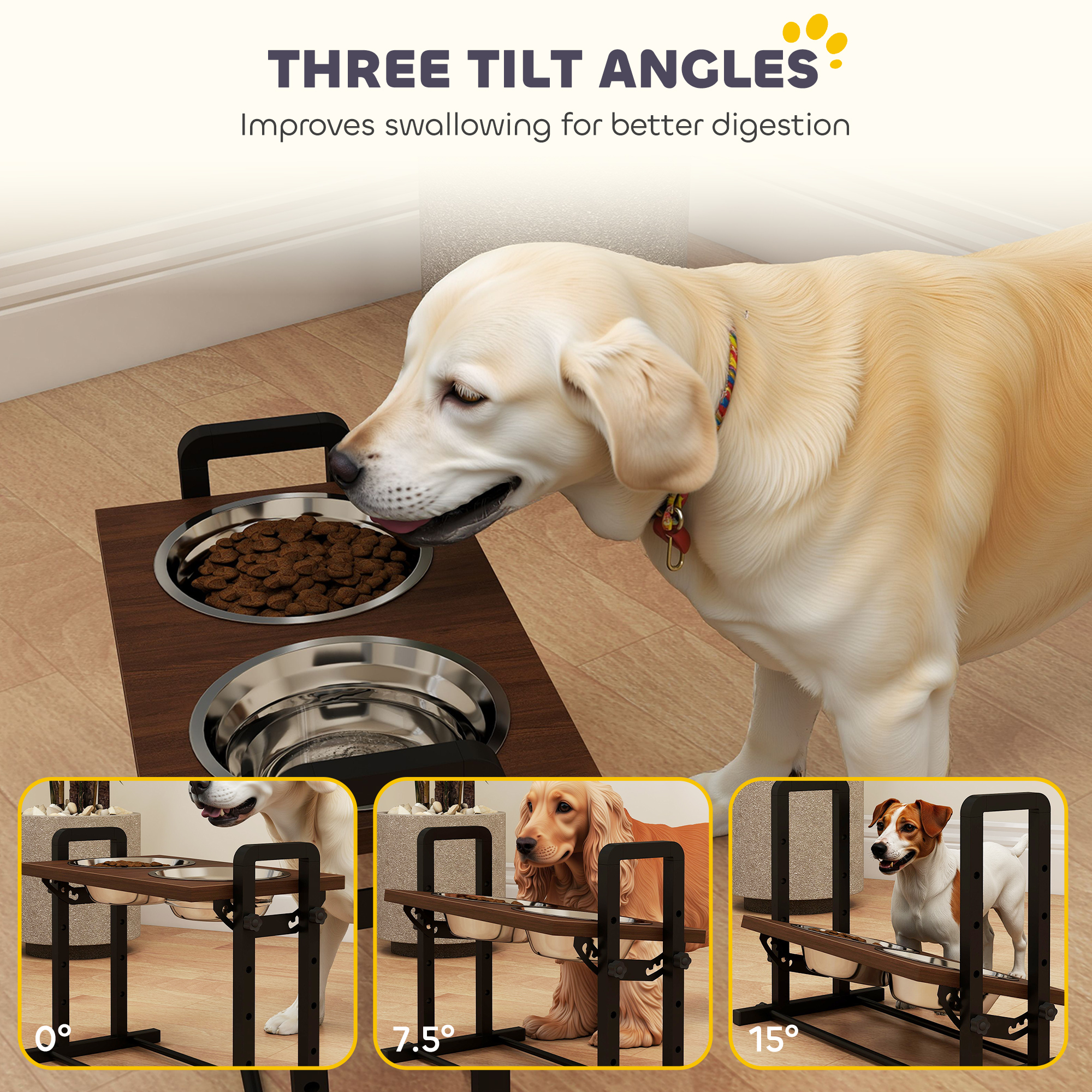Raised Dog Bowls With Stand,4 Heights Adjustable Pet Feeder With 3 Adjustable Angles For Small,Medium & Large Breeds,Brown