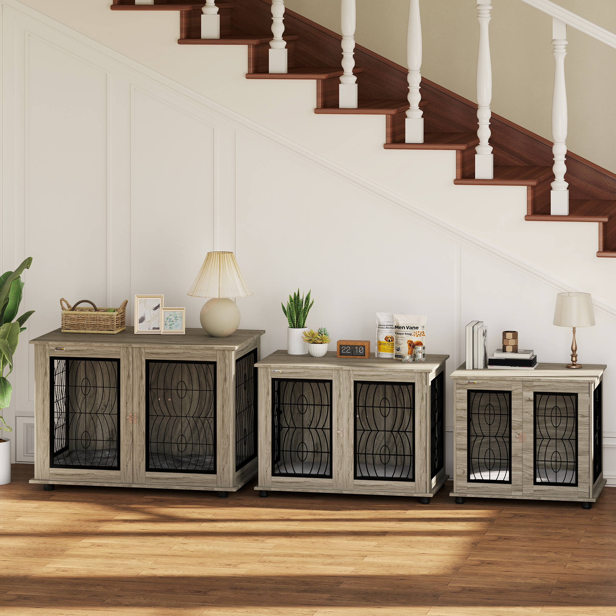 Indoor Dog Crate Furniture End Table With Soft Washable Cushion,Lockable Front Door,for Large Dogs-Grey detail photo 2