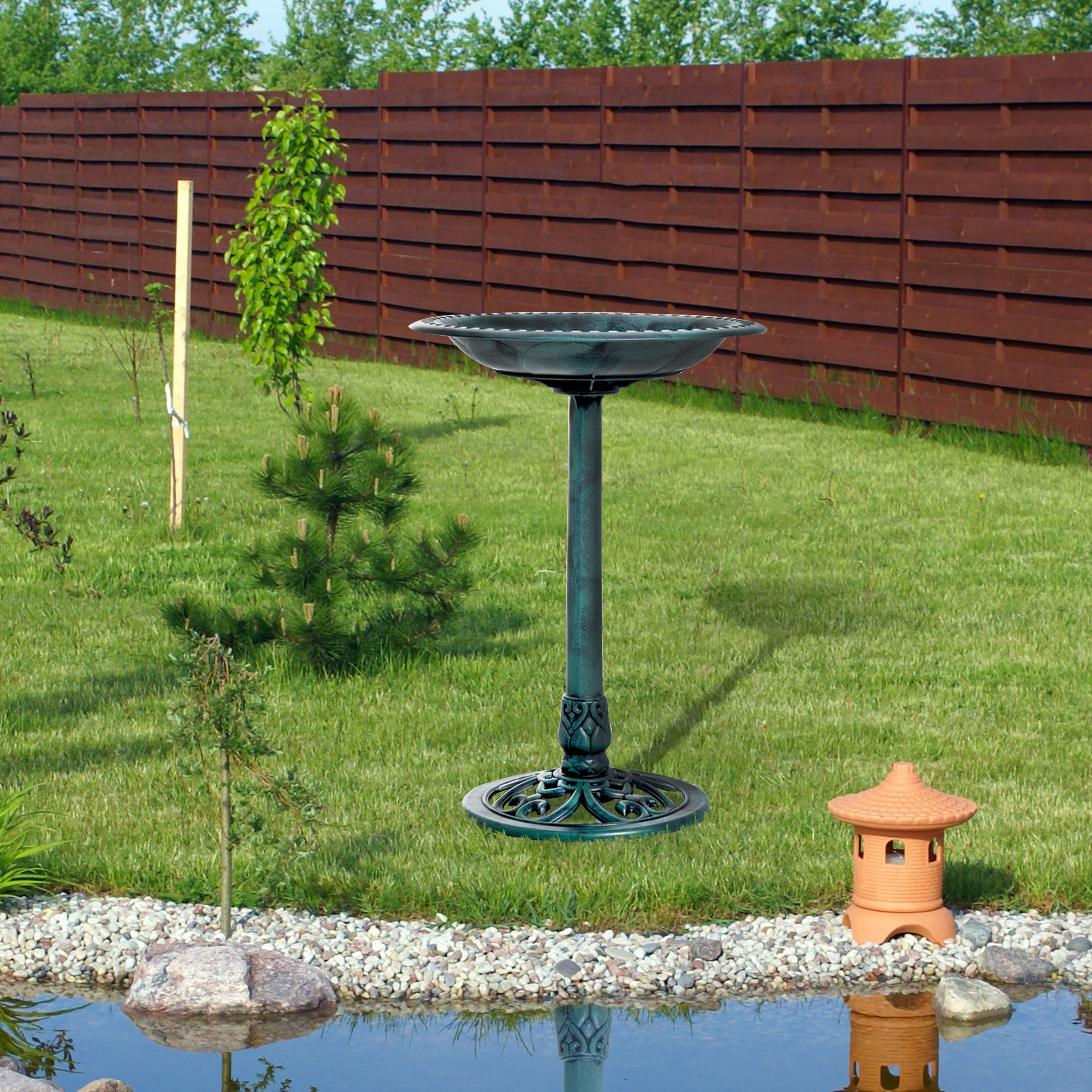 Garden Bird Bath Outdoor Decrative Garden Feeder Stand With Scallop-like Pattern,Time-Worn Finish,50cm,Green detail photo 10