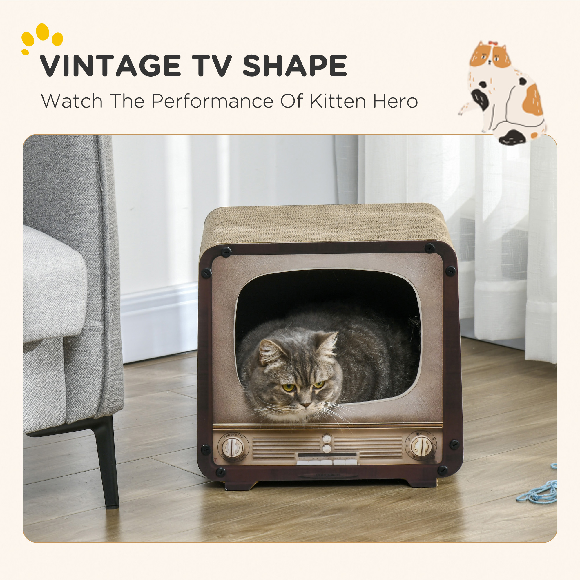 2 In 1 TV Shape Cat Scratching Board House With Catnip,for Indoor Cats,Brown — image 3