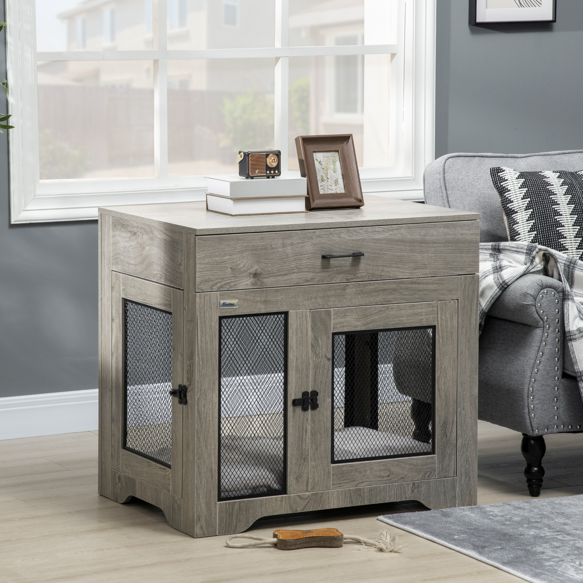 Dog Cage End Table With Two Doors,Drawer,for Medium Dogs-Grey