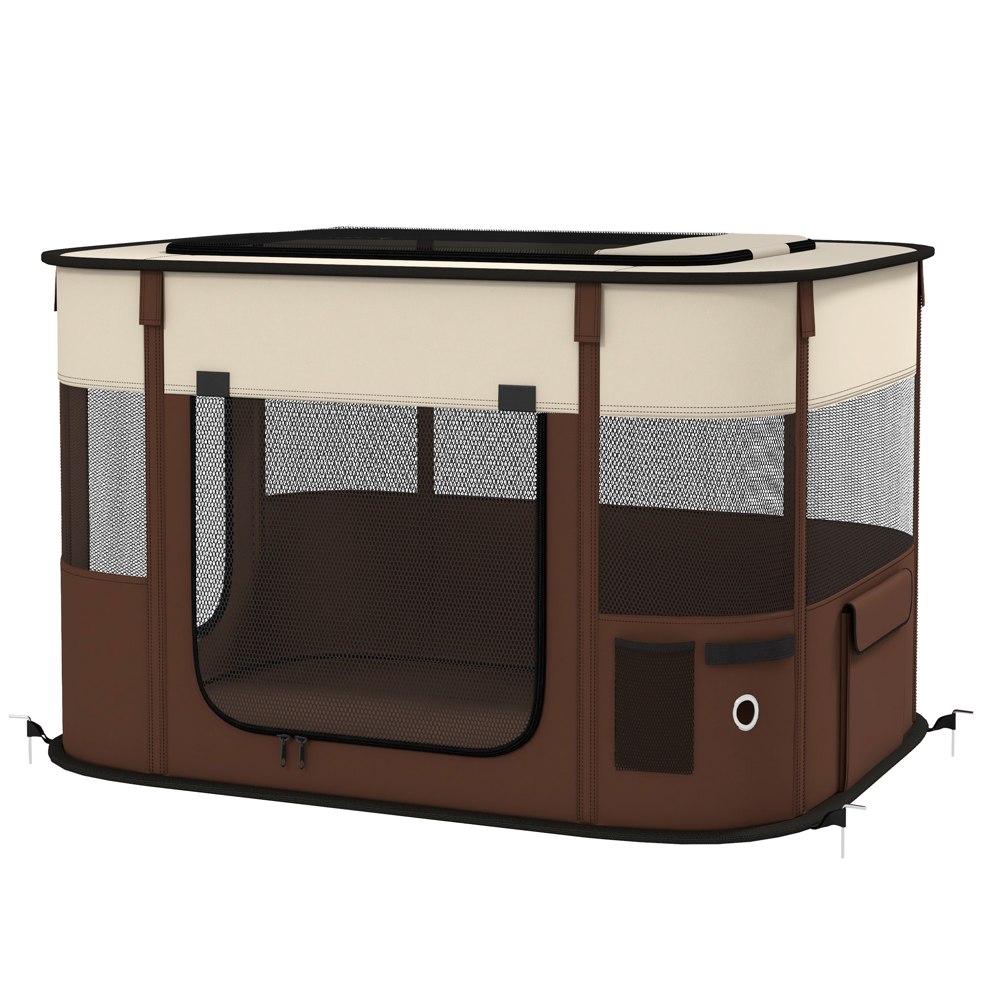 Foldable Dog Pen With Storage Bag For Indoor/Outdoor Use,Portable Pet Playpen,with Ground Stakes-Brown detail photo 2