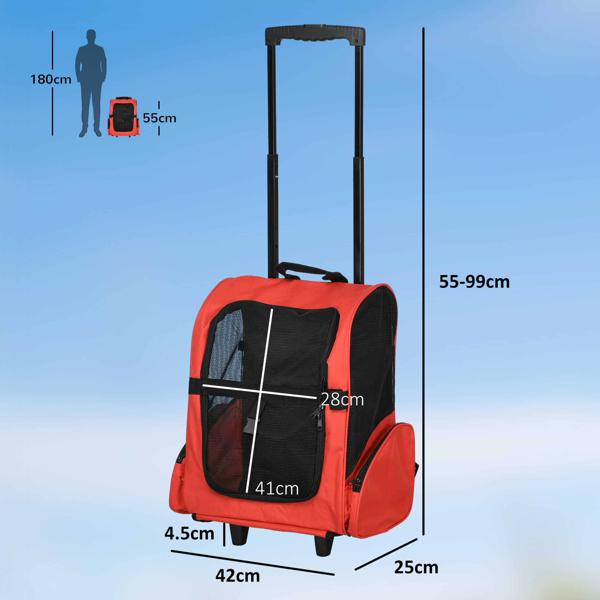 Pet Travel Backpack Bag Cat Puppy Dog Carrier W/ Trolley And Telescopic Handle Portable Stroller Wheel Luggage Bag (Red) detail photo 8