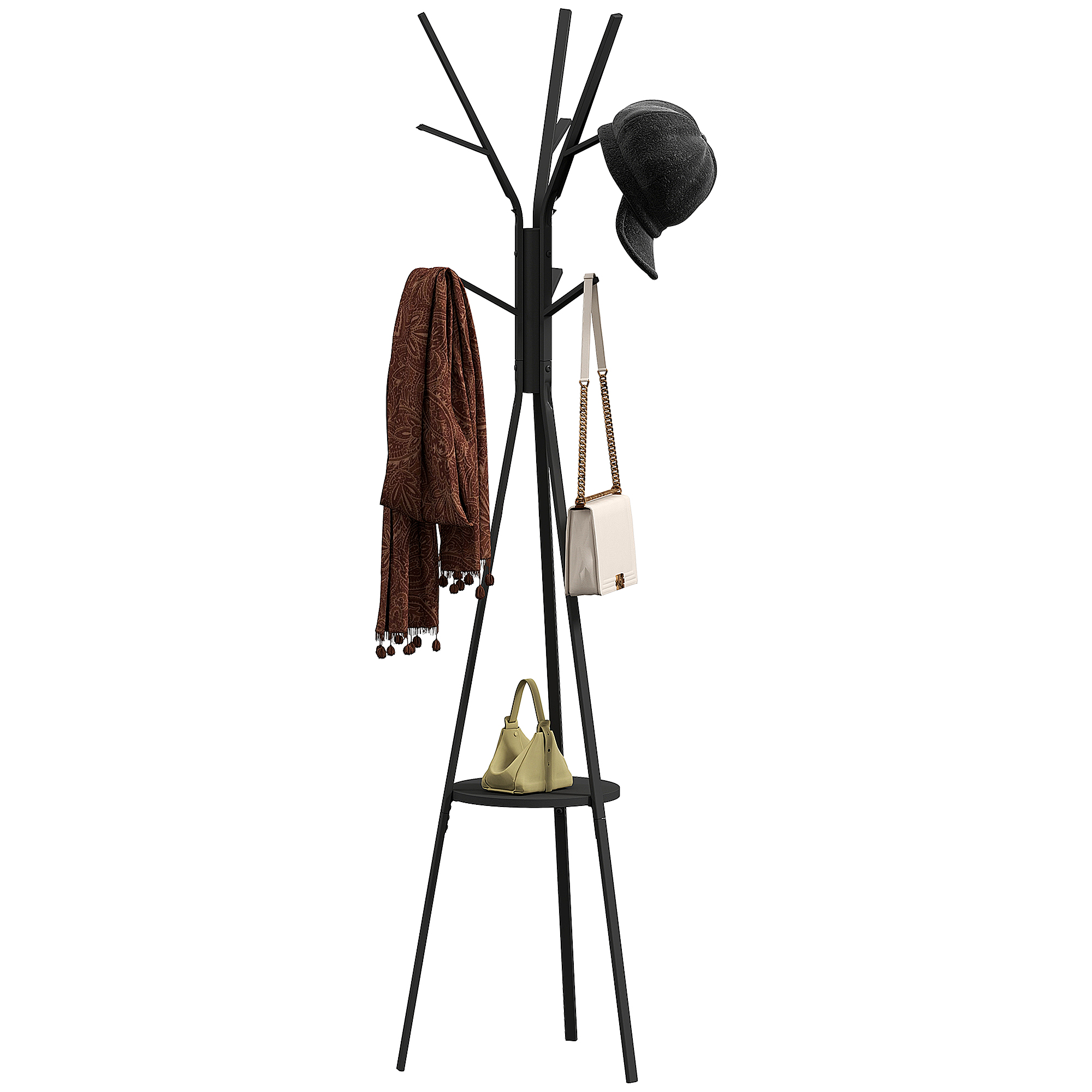 Freestanding Metal Coat Rack Stand 9 Hooks Clothes Tree With 1 Shelf Hat — image 4