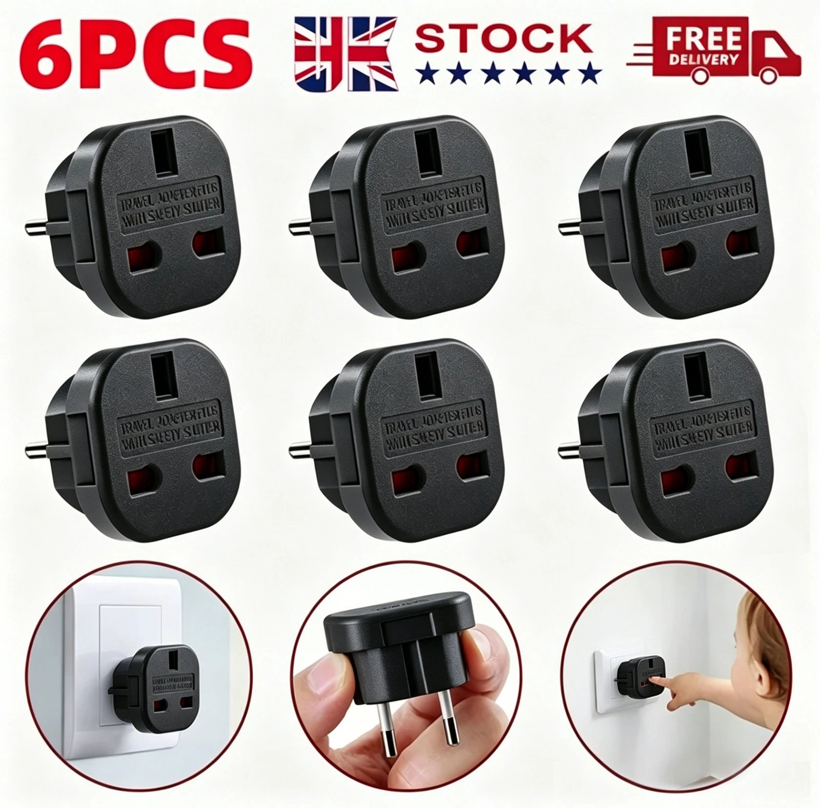 6X Black UK To EU Travel Adaptor Europe European Plug Adapter UK 3 Pin To 2