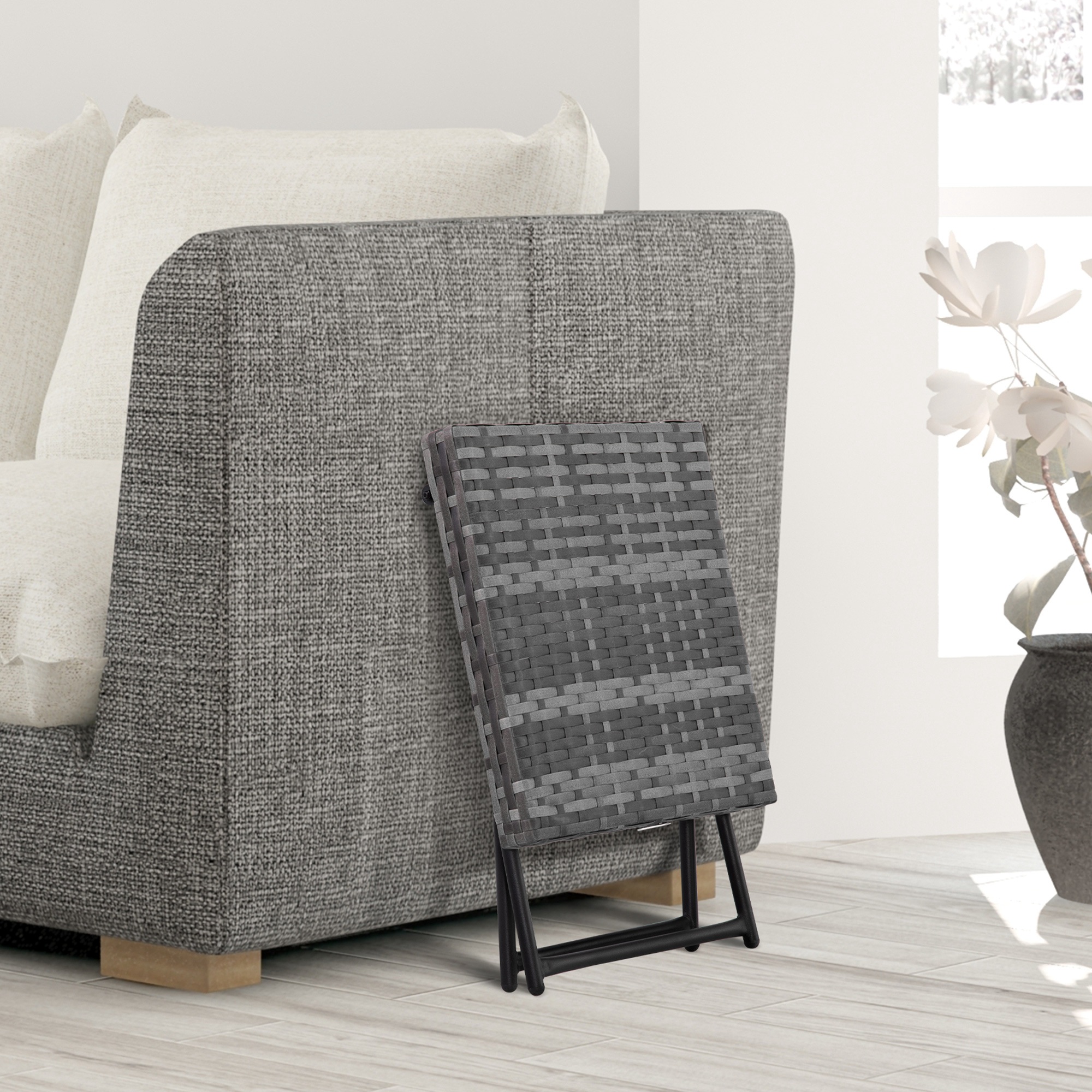 Square PE Wicker Rattan Folding Table-Grey — image 4