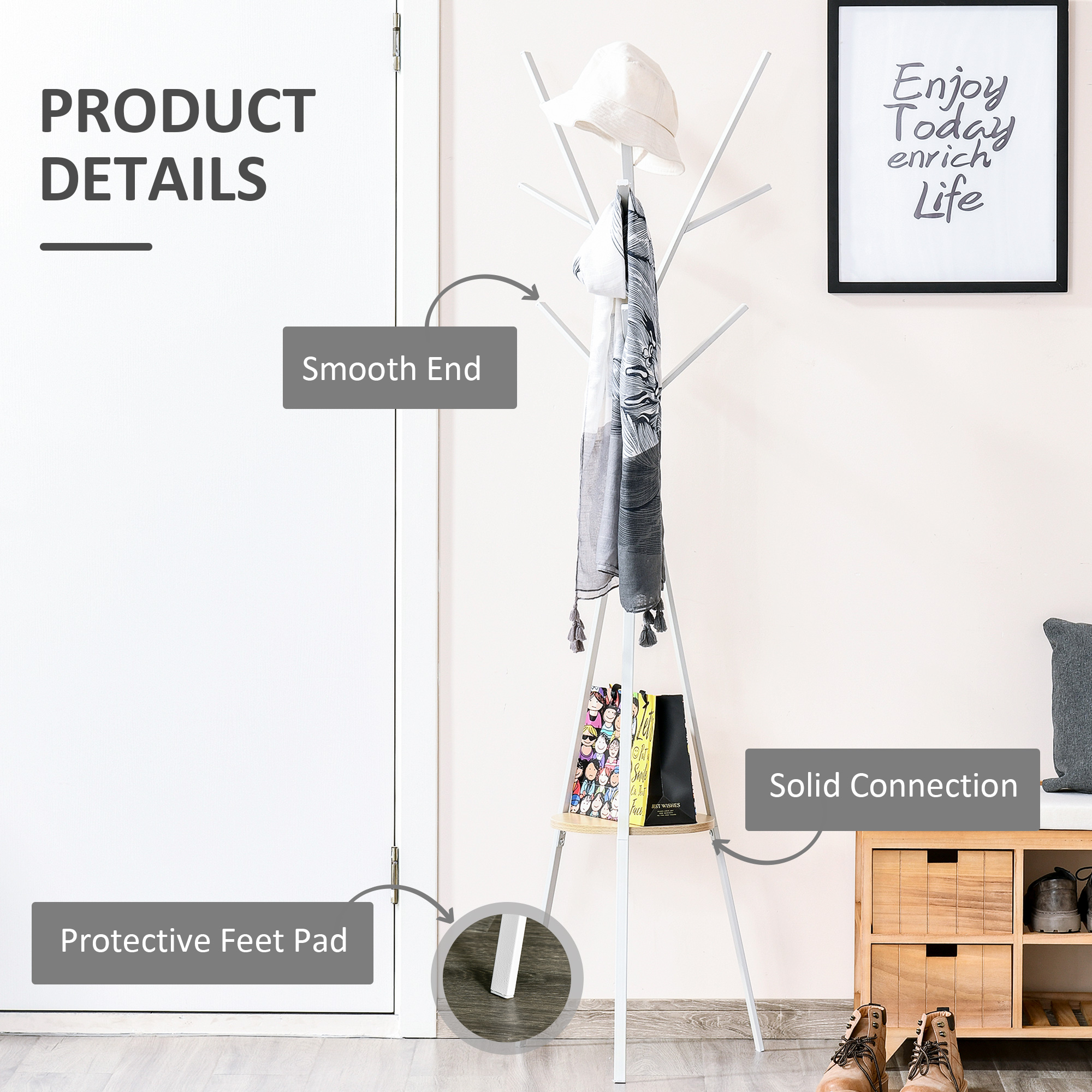 Freestanding Metal Coat Rack Stand 9 Hooks Clothes Tree With 1 Shelf Hat