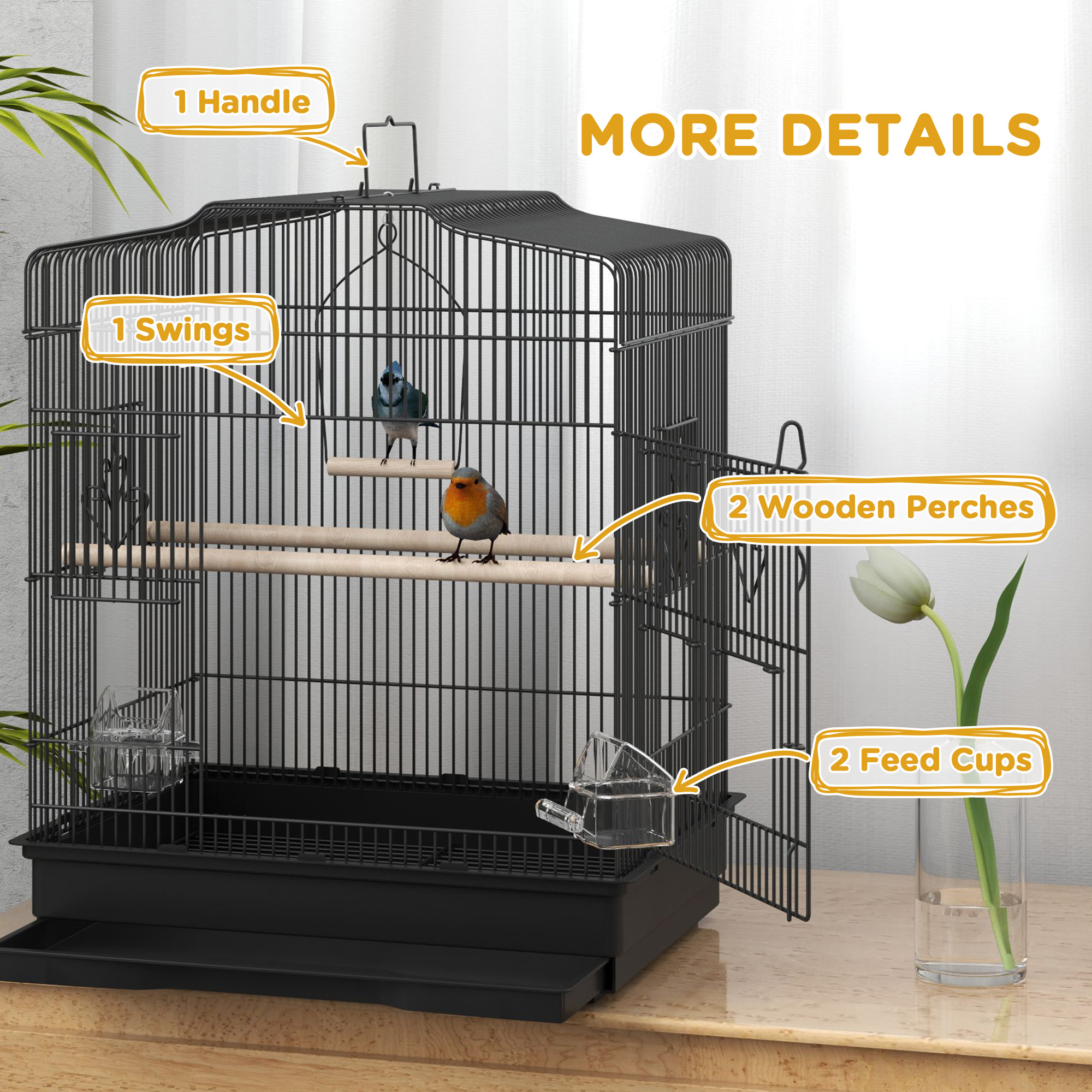 Large Metal Bird Cage With Perches,Food Bowls,Swing,for Budgies,Parakeets,Black detail photo 10