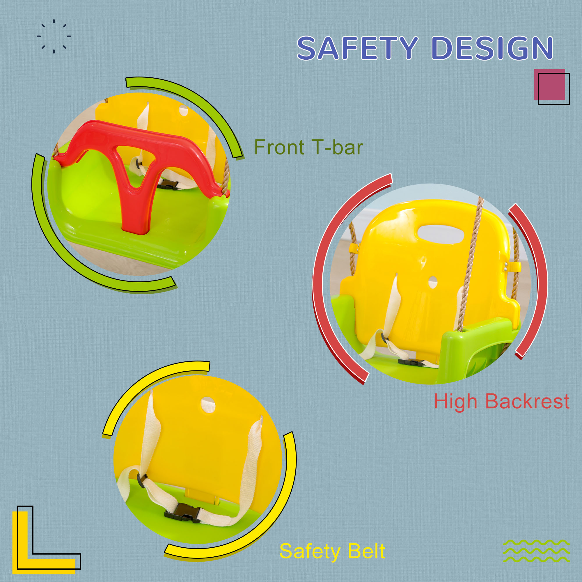 3 In 1 Detachable Kids Swing Seat With Safety Belt,Adjustable Rope