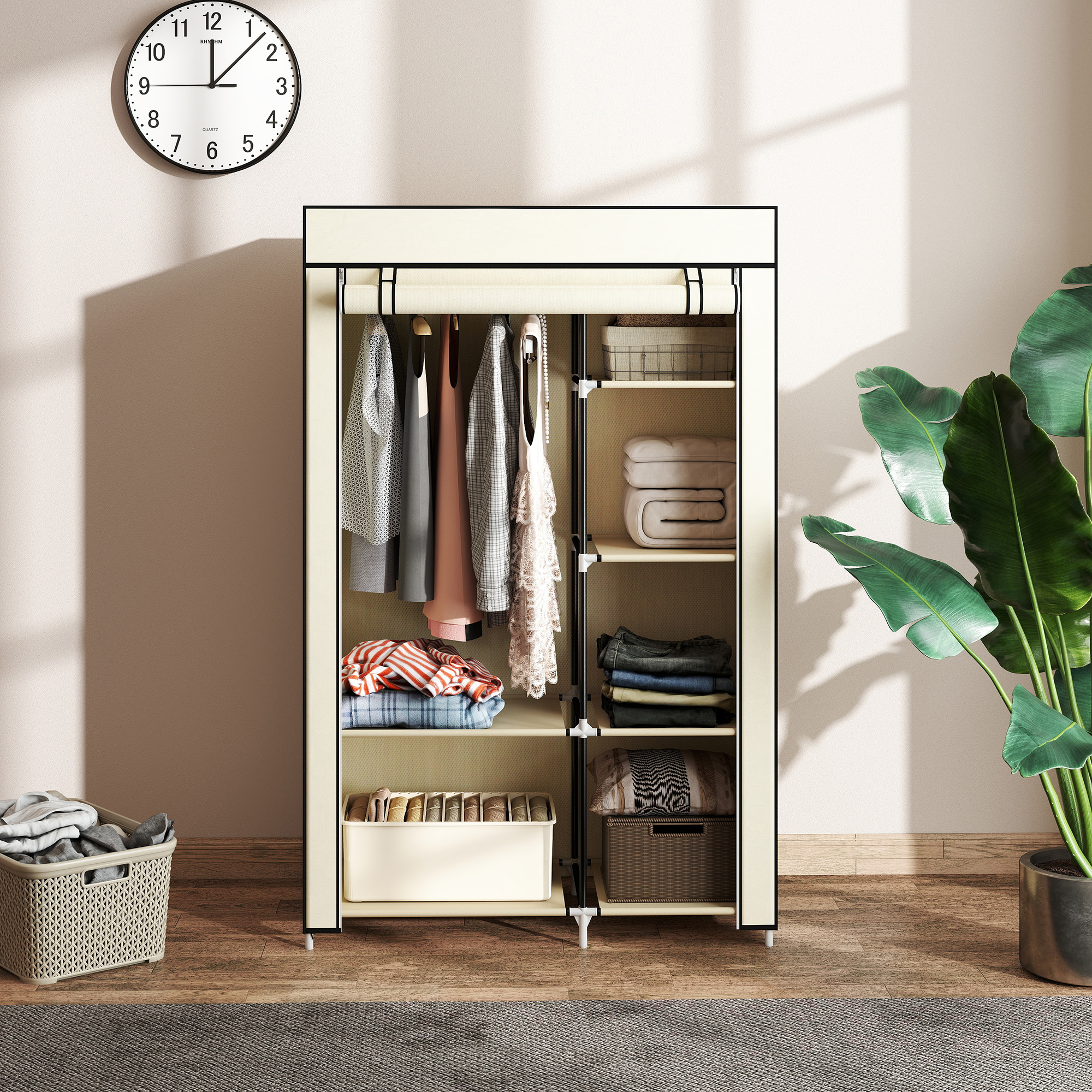 Fabric Wardrobe W/ Shelves Hanging Rail Foldable Cream