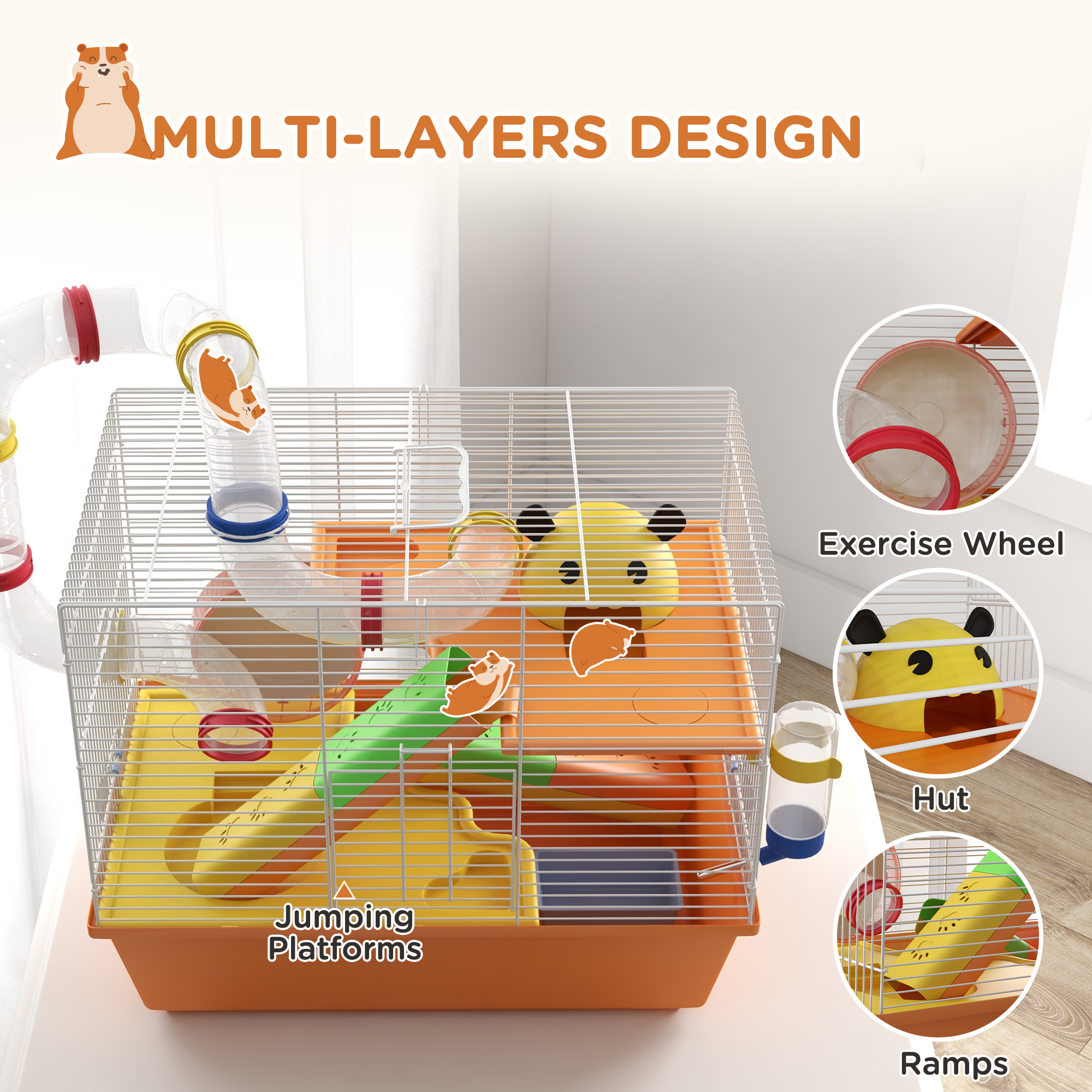 3 Tiers Gerbil Cage,Hamster Cage With Tubes,Exercise Wheel,Ladder,Top Handle,45