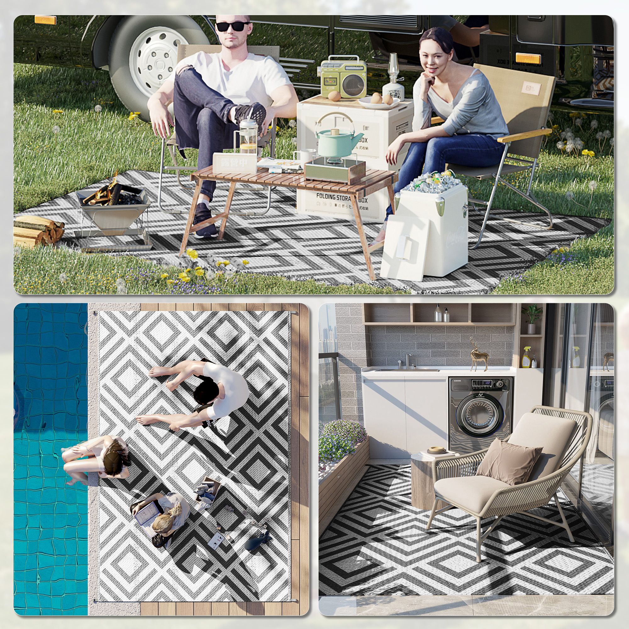 Reversible Outdoor Rug,Plastic Straw Mat W/ Carry Bag